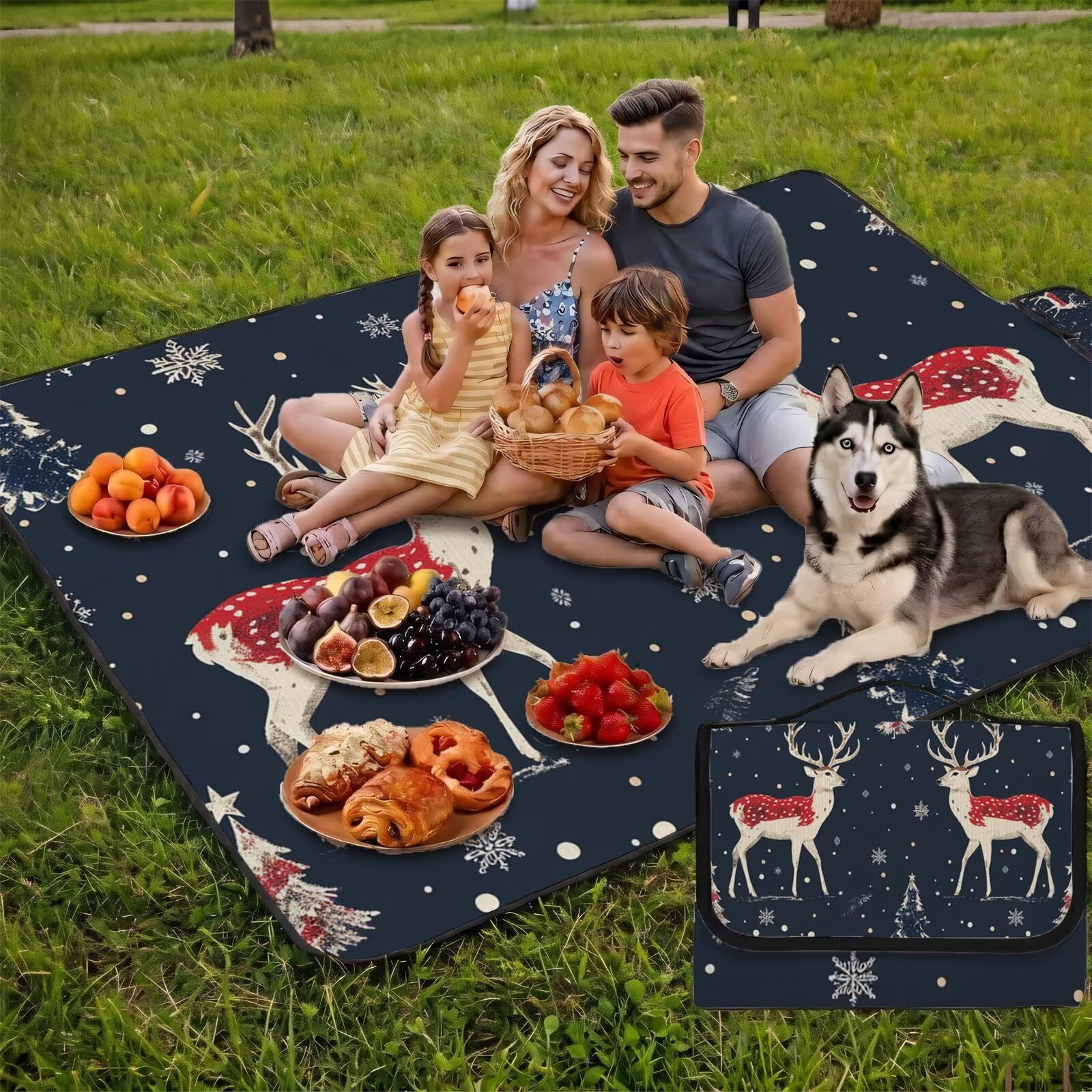 Coperta de Picnic Grande 200x200 cm, Natale Manta Picnic Impermeable Anti-Sabbia Manta de Playa Pieghevole, Outdoor Picnic Blanket per Spiaggia, Camping, Giardino, Trekking - cervo FZ-212