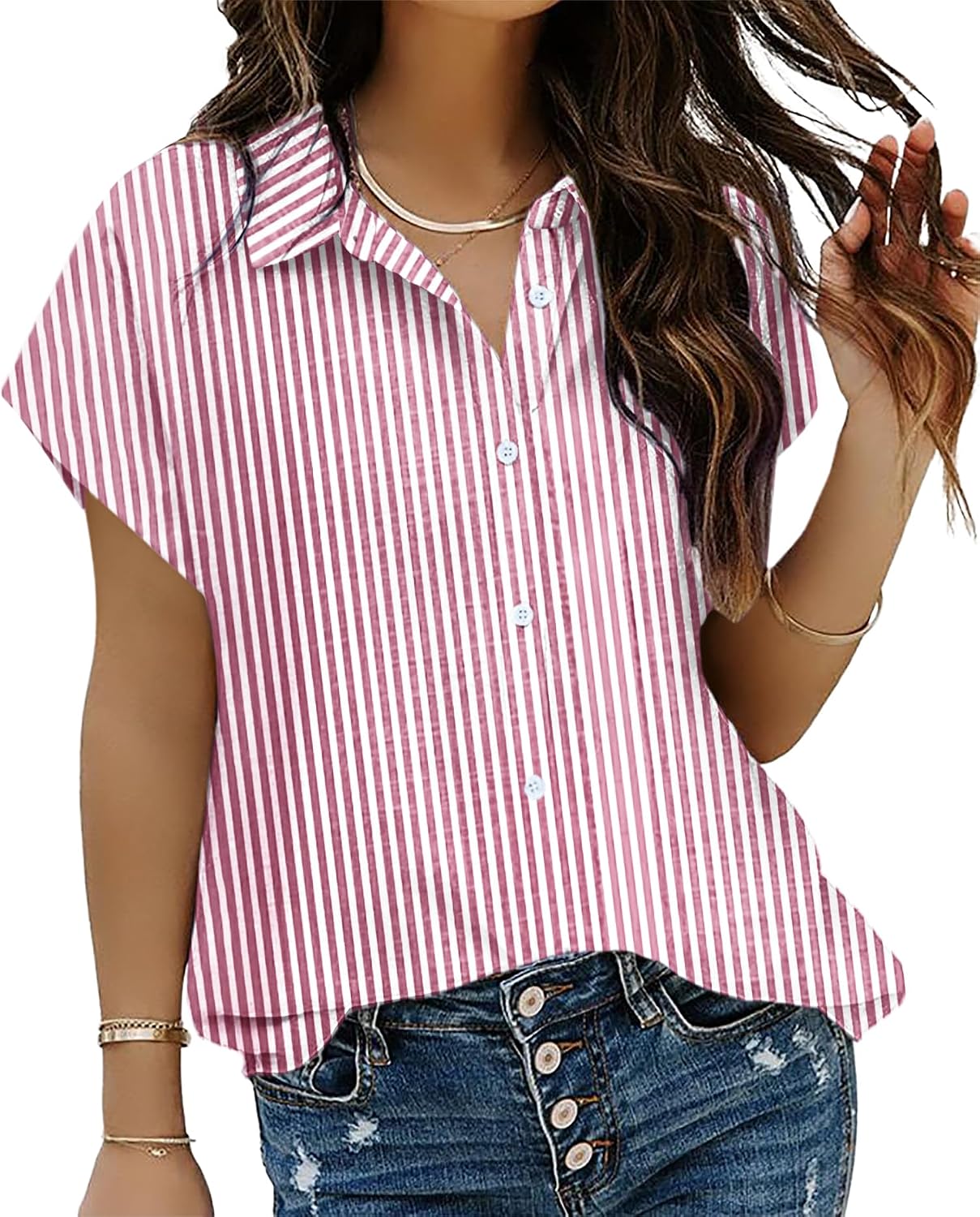 HOTOUCH Button Down Shirts Cotton Pink Striped Dress Shirt Cap Sleeve Collared V Neck Office Work Pink Pinstripes Blouses Summer Soft Tops