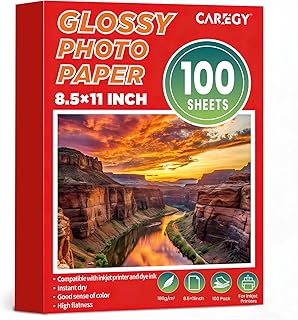 CAREGY 100 Sheets Glossy Photo Paper 8.5 x 11 Inches, Inkjet Photo Printer Paper,Compatible with Inkjet Printer Use Dye Ink,Professional Picture Paper(180gsm/48lb)