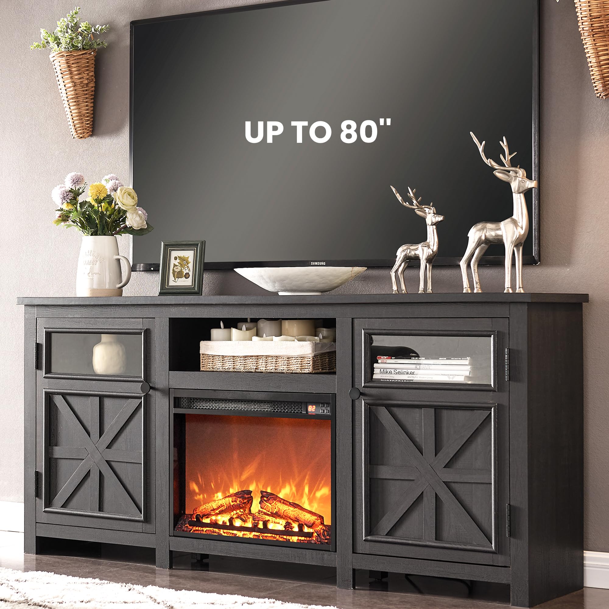 (incomplete fireplace only) JXQTLINGMU 70'' Farmhouse Fireplace TV Stand UP to 80 Inch TV, 32'' Tall Entertainment Center with 1500W w/23'' Electric Fireplace, Media Console with 2 Cabinet and 4 Shelves, for Living Room, Black