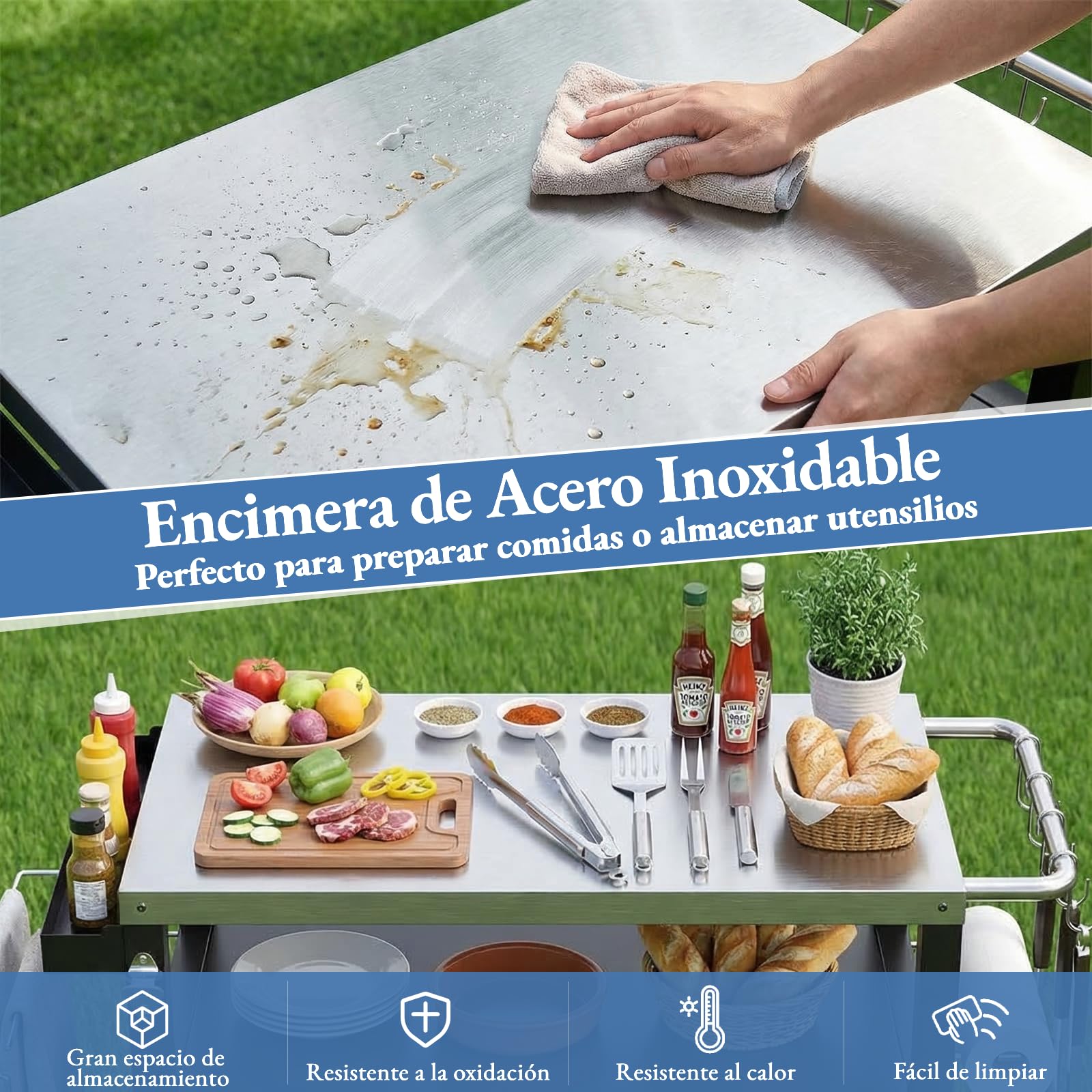 TLSUNNY Carro de Barbacoa con Armario, Carrito para Barbacoa con Encimera de Acero Inoxidable, Mesa de Grill con 4 Ruedas, Carrito de Cocina Exterior para Jardín, Terraza, Balcón Fiesta, 112 x 51 cm