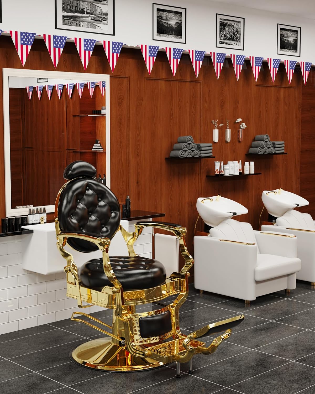 Baasha Vintage Reclining Barber Chair Leather Upholstery