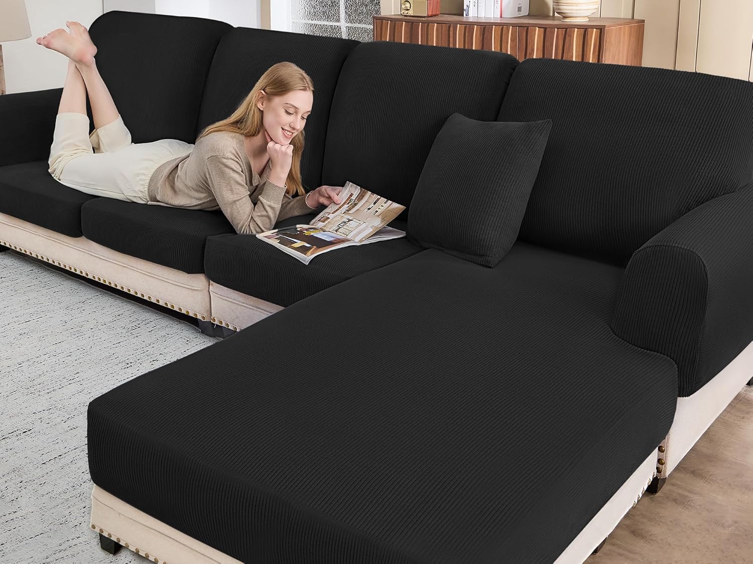 Fundas de sofá modulares para cojín de sofá en forma de L, lavable y suave, fundas de cojín elásticas con 2 fundas de almohada (3 piezas de 2 plazas