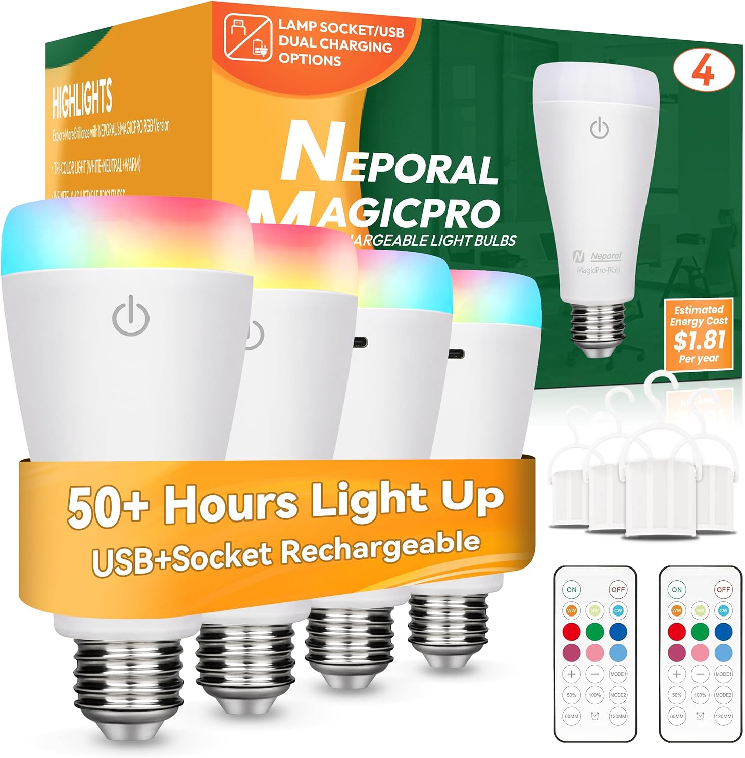 Neporal MAGIXPRO Smart Rechargeable Light Bulbs with Remote, USB+Socket Rechargeable Battery Operated Light Bulb, 2 Hrs Fast Charging Last 5-52 Hrs, 9+3 Colors, 4 Pack (MagixPro RGB, 4)