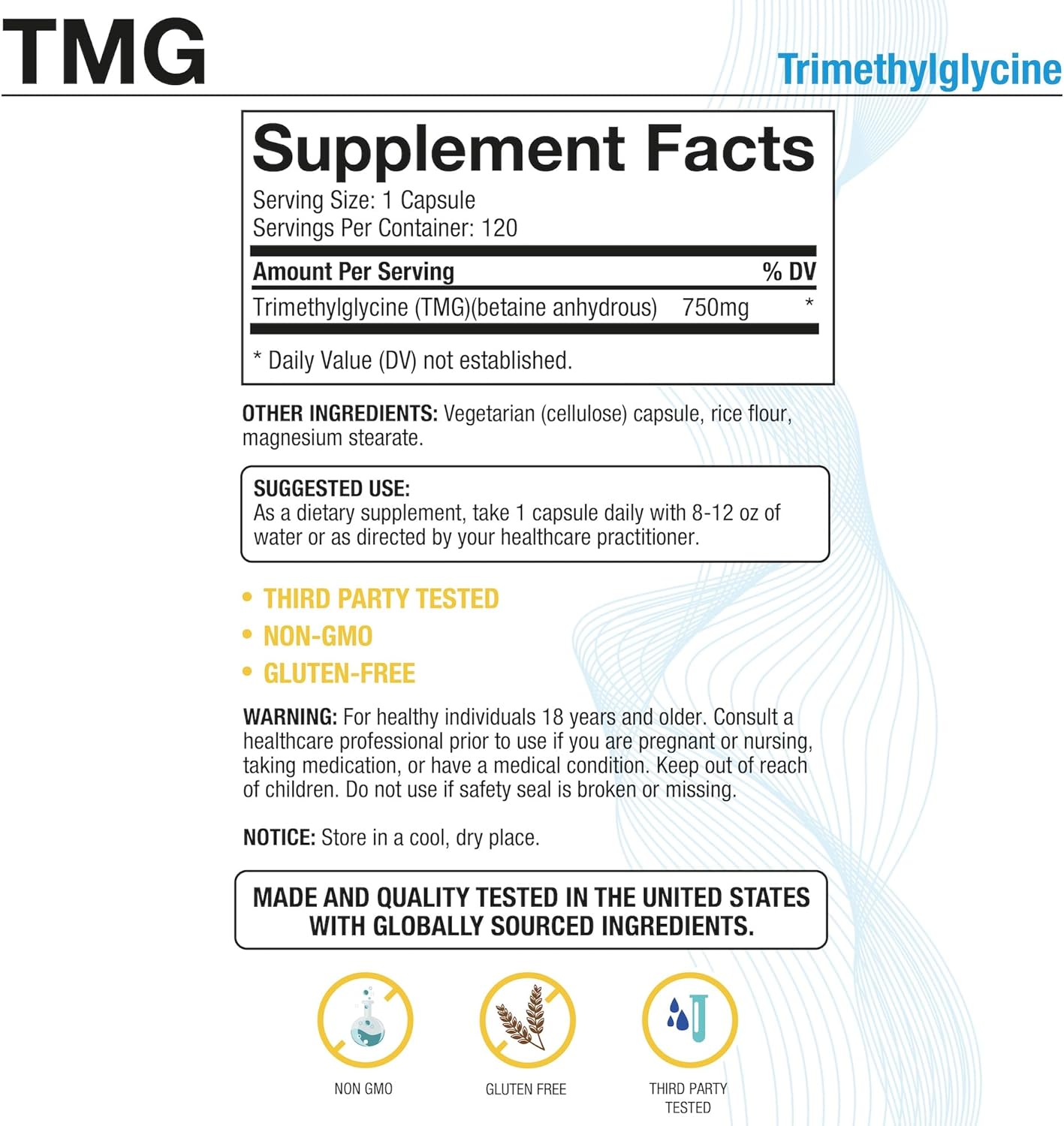 Puregen Labs TMG 750 mg – Trimethylglycine Supplement – Non-GMO, NO Gluten and Dairy - 3 Pack | Total 180 Vegetarian Capsules