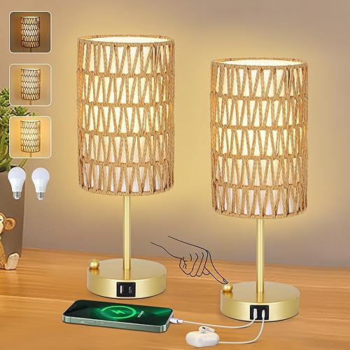 Vista 12 de Lámpara de mesa táctil para dormitorio con bombilla, lámpara de escritorio pequeña boho para sala de estar con pantalla de ratán y lino, lámpara