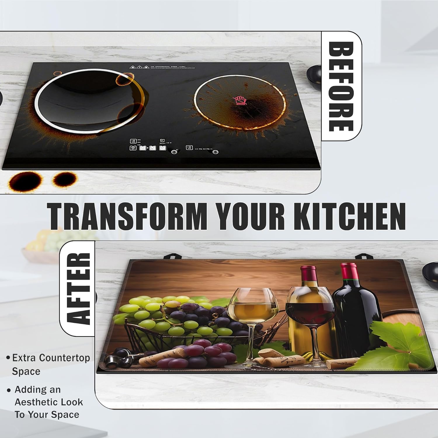 Wine Glasses Glass Top Stove Cover Protector,Farmhouse Grape Wine Bottle Stove Top Covers for Electric Stove,Washable Heat Resistant Cooktop Mat Anti-Slip Range Covers, 28 x 20 Inch