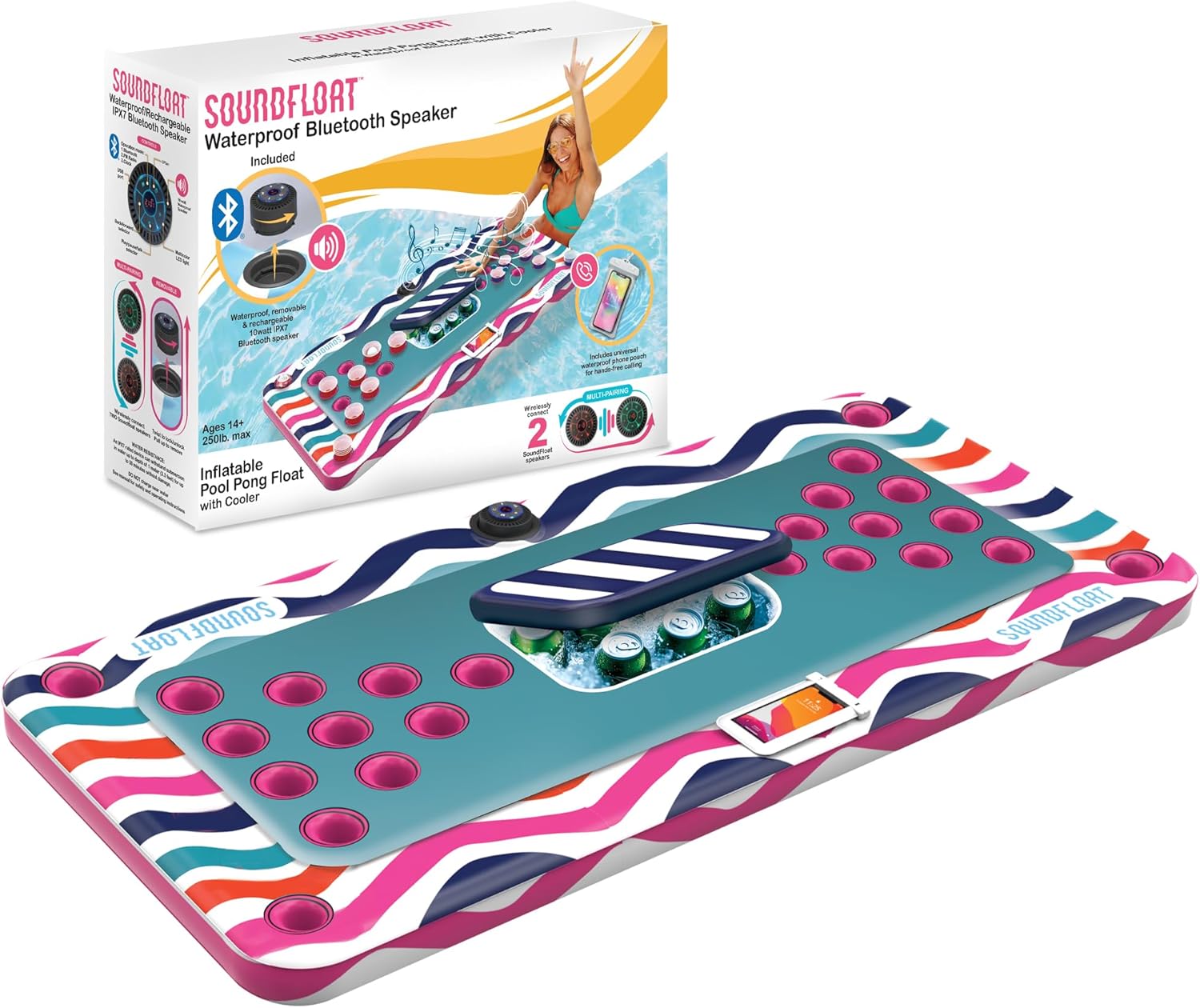 Product image of Inspired Living Inflatable Pool Pong Float with Bluetooth 5 IPX7 Waterproof Speaker, Cup Holders, Integrated Cooler, Floating Pool Game Table for Adults, Pool Party, Water Games, Pool Pong Set