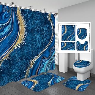 Gibelle 4 Pcs Luxury Marble Shower Curtain Set with Non-Slip Rugs, Toilet Lid Cover and Bath Mat, Gold Foil Blue Bathroom Decor Set with Shower Curtain and Rugs and Accessories - Buy now