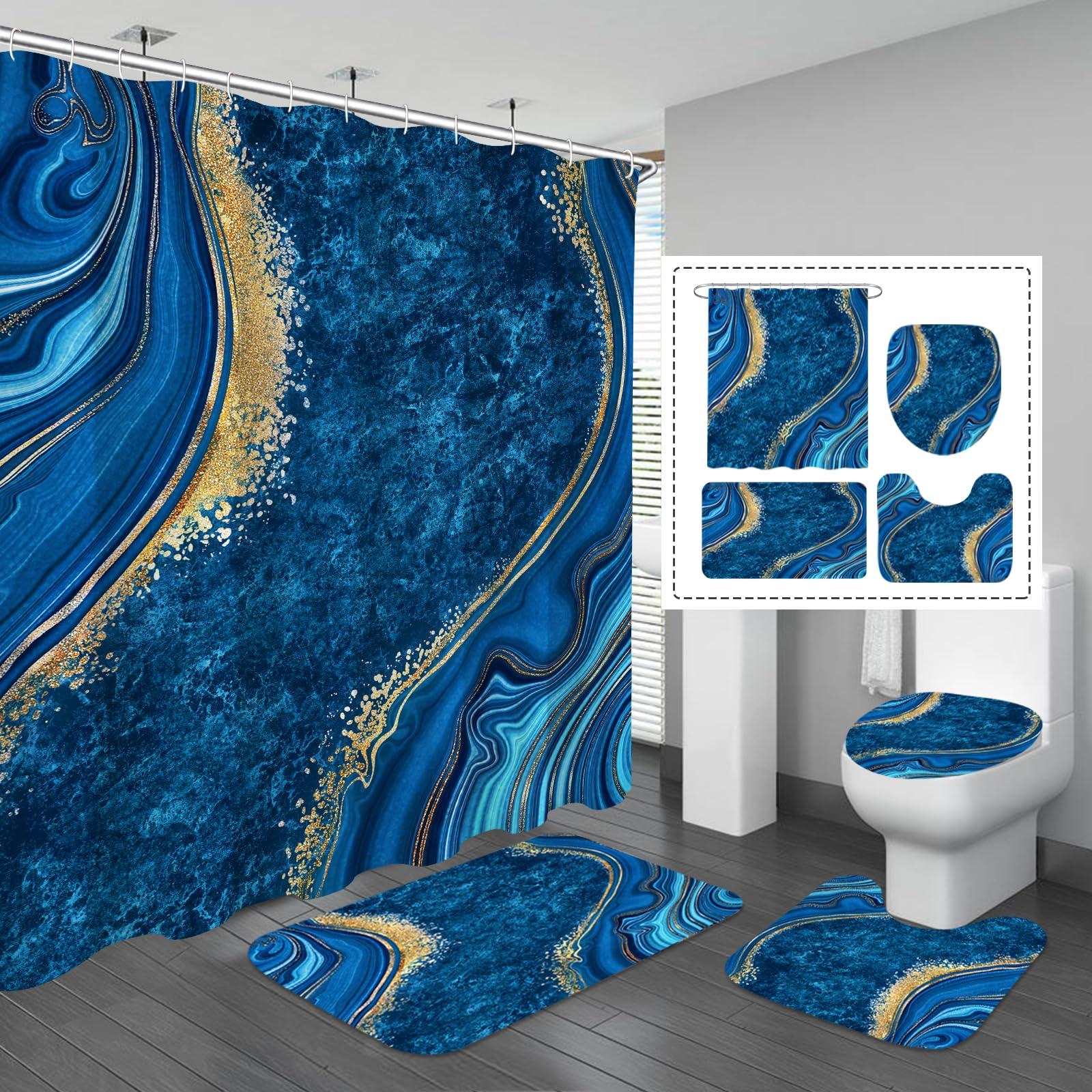 Gibelle 4 Pcs Luxury Marble Shower Curtain Set with Non-Slip Rugs, Toilet Lid Cover and Bath Mat, Gold Foil Blue Bathroom Decor Set with Shower