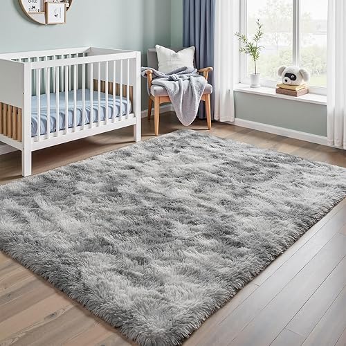 Miniatura 3 de Terrug Alfombra esponjosa para dormitorio, teñido anudado gris claro, alfombra de 3 x 5 pies para sala de estar, habitación de los niños, alfombra