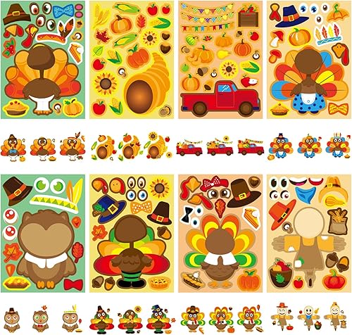 Miniatura 3 de Calcomanías de Acción de Gracias para niños, 40 hojas de calcomanías de cara de pavo, regalos de fiesta de Acción de Gracias, suministros de juegos