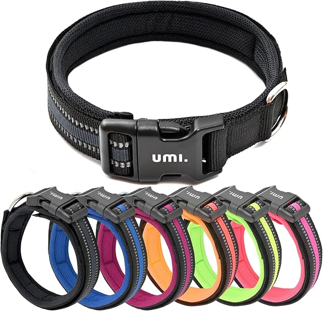 Amazon Brand - Umi Reflective Dog Collar, Adjustable Puppy Collars with Safety Buckle, Padded Breathable Soft Neoprene Nylon Pet Collar for Medium Dogs, S, Black