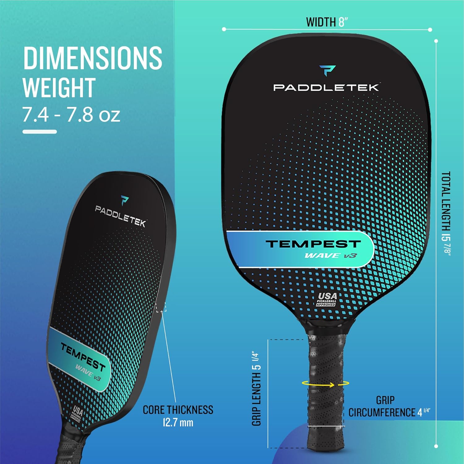 Paddletek Tempest Wave V3 Pickleball Paddle | Professional Pickleball Paddles with Polymer Honeycomb Core, ICED Carbon Fiber Surface, Tempest PolyCore & High Tack Performance Grip | USAPA Approved