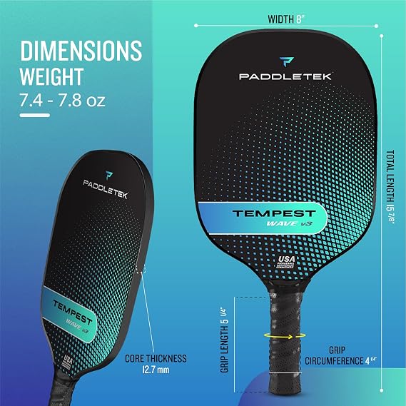 Paddletek Tempest Wave V3 Pickleball Paddle | Professional Pickleball Paddles with Polymer Honeycomb Core, ICED Carbon Fiber Surface, Tempest PolyCore & High Tack Performance Grip | USAPA Approved