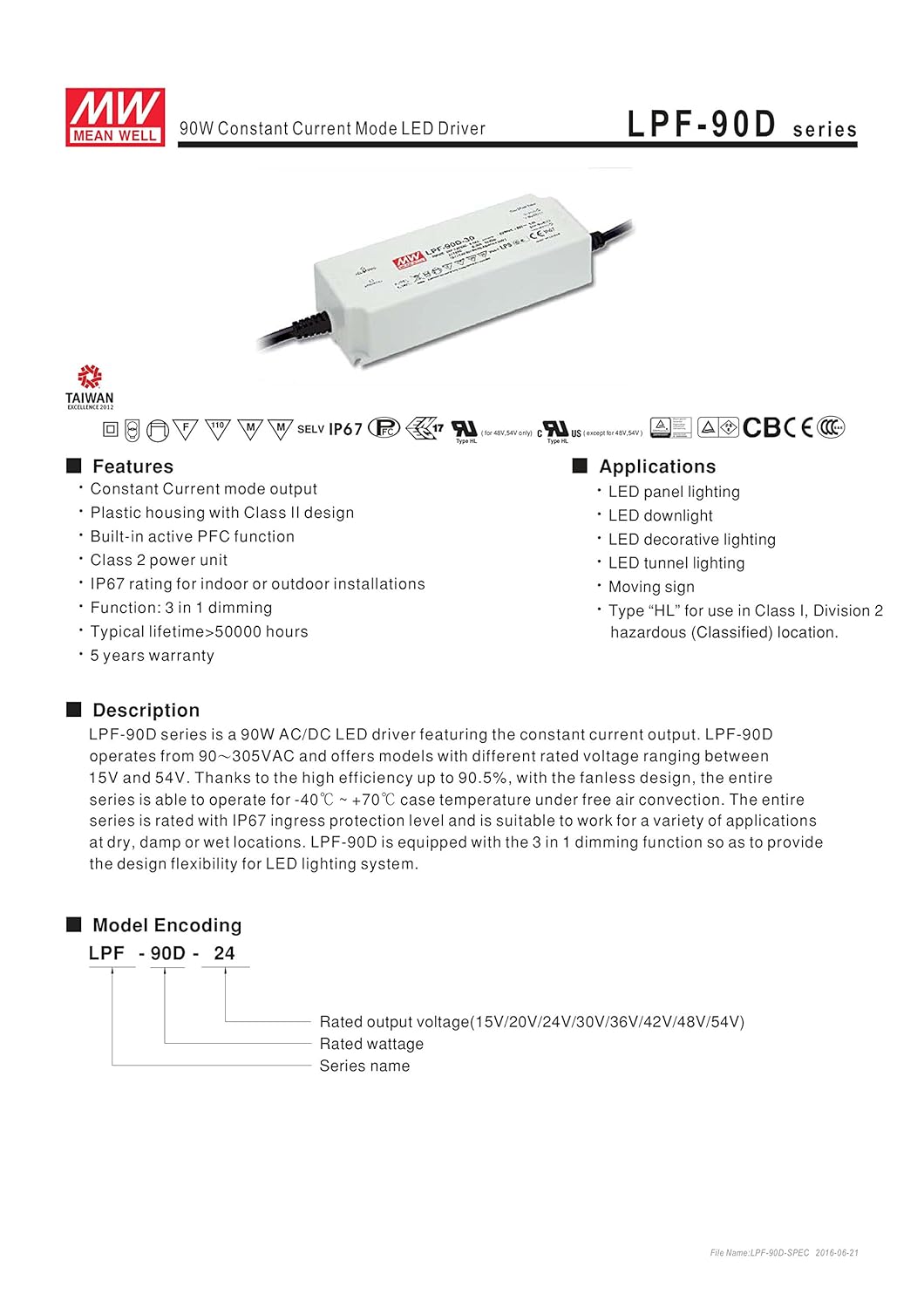 MW Mean Well LPF-90D-48 48V 1.88A 90.24W Single Output LED Switching Power Supply with PFC