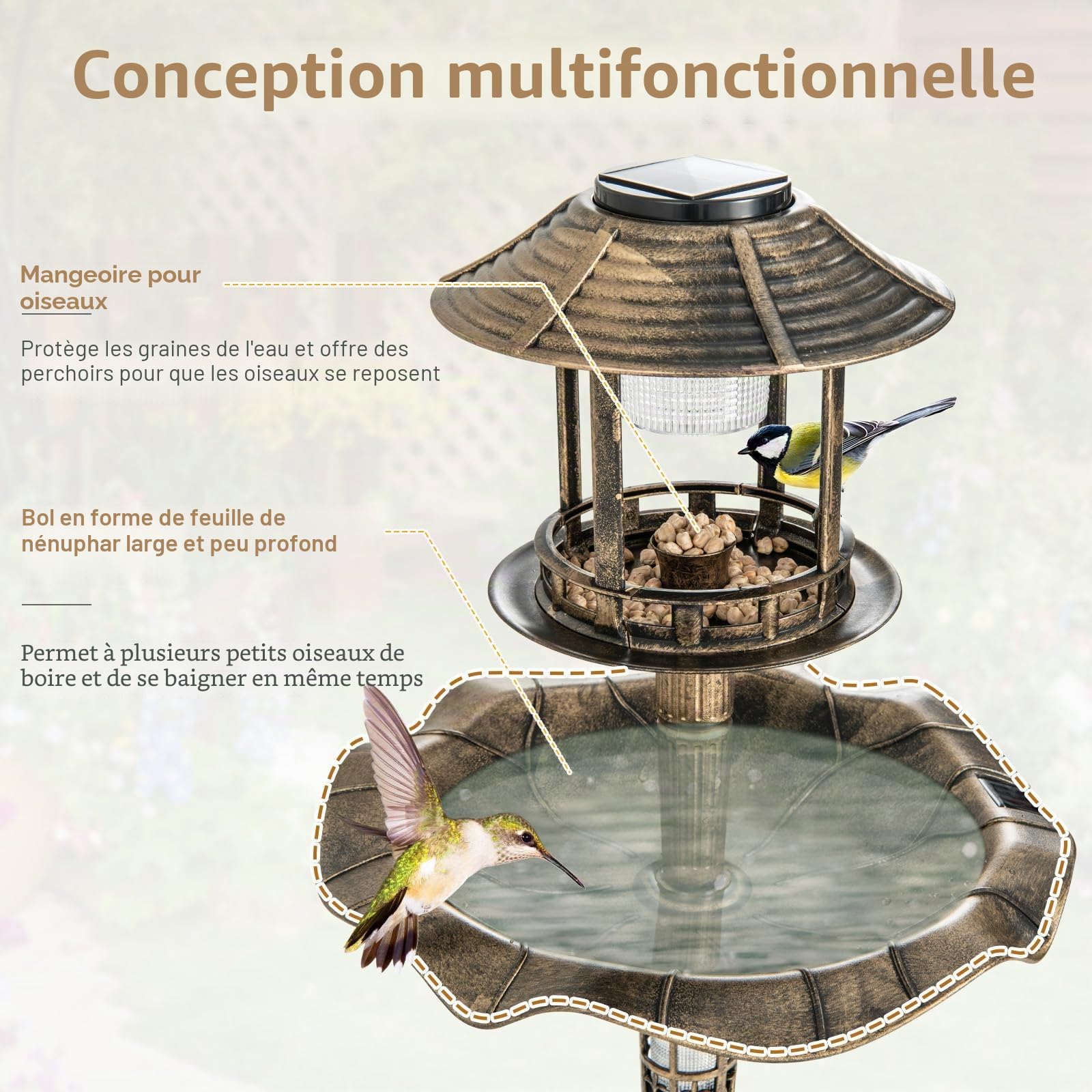 SOARS Mangeoire Oiseaux 2 Lampes à Energie Solaire Ø43 x 110H cm, Abreuvoir pour Oiseaux Sauvages Décoration pour Extérieur Style Antique Effet Bronze, Bain Oiseau pour Jardin, Balcon (Bronze Jaune) | Bain d'oiseaux antirouille avec pot de fleurs et mange