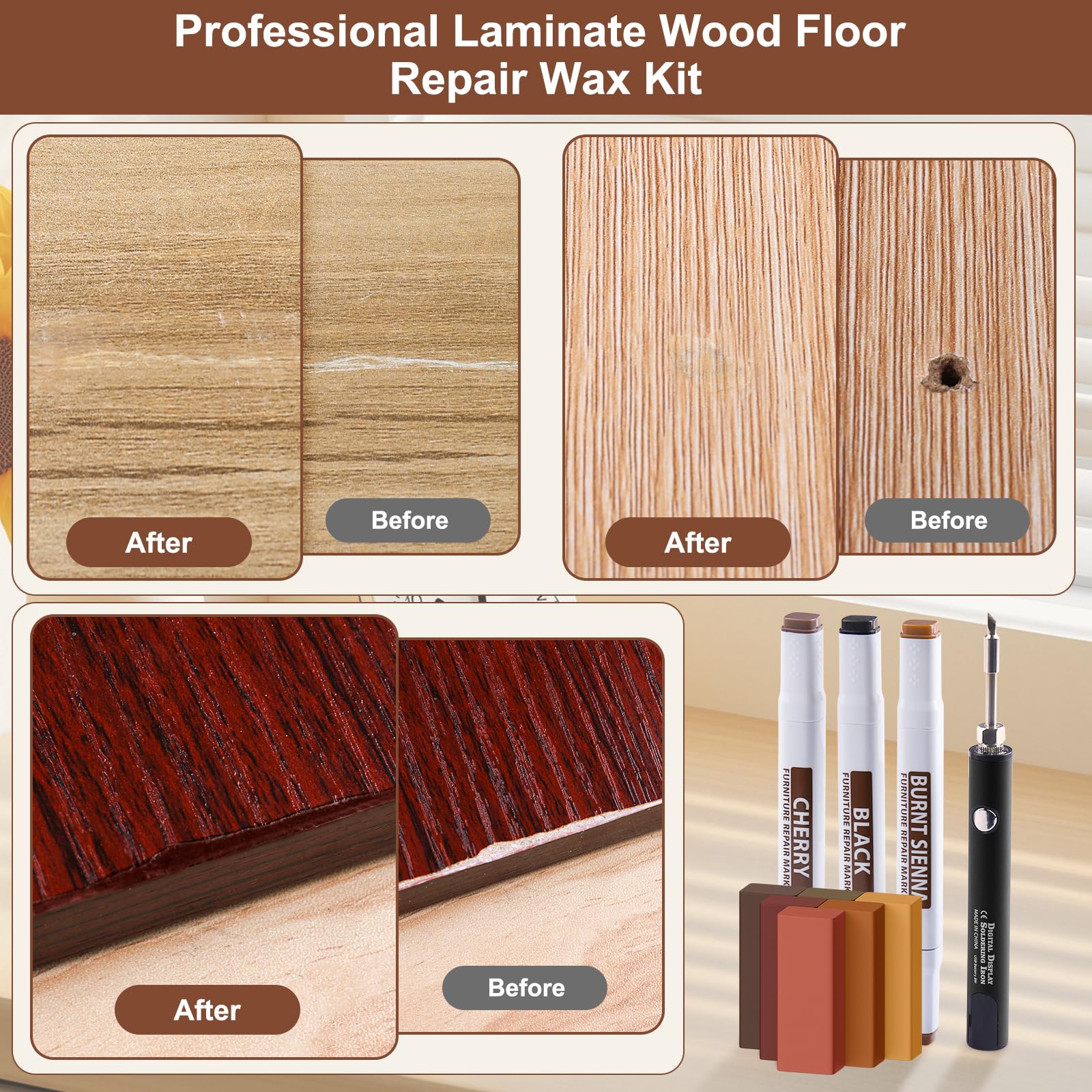 Set di riparazione per laminato, parquet e vinile con stucco per legno, strumento di fusione aggiornato a 11 colori, cera dura, 8 pennarelli a doppia punta. Ripara graffi, crepe, buchi e ammaccature