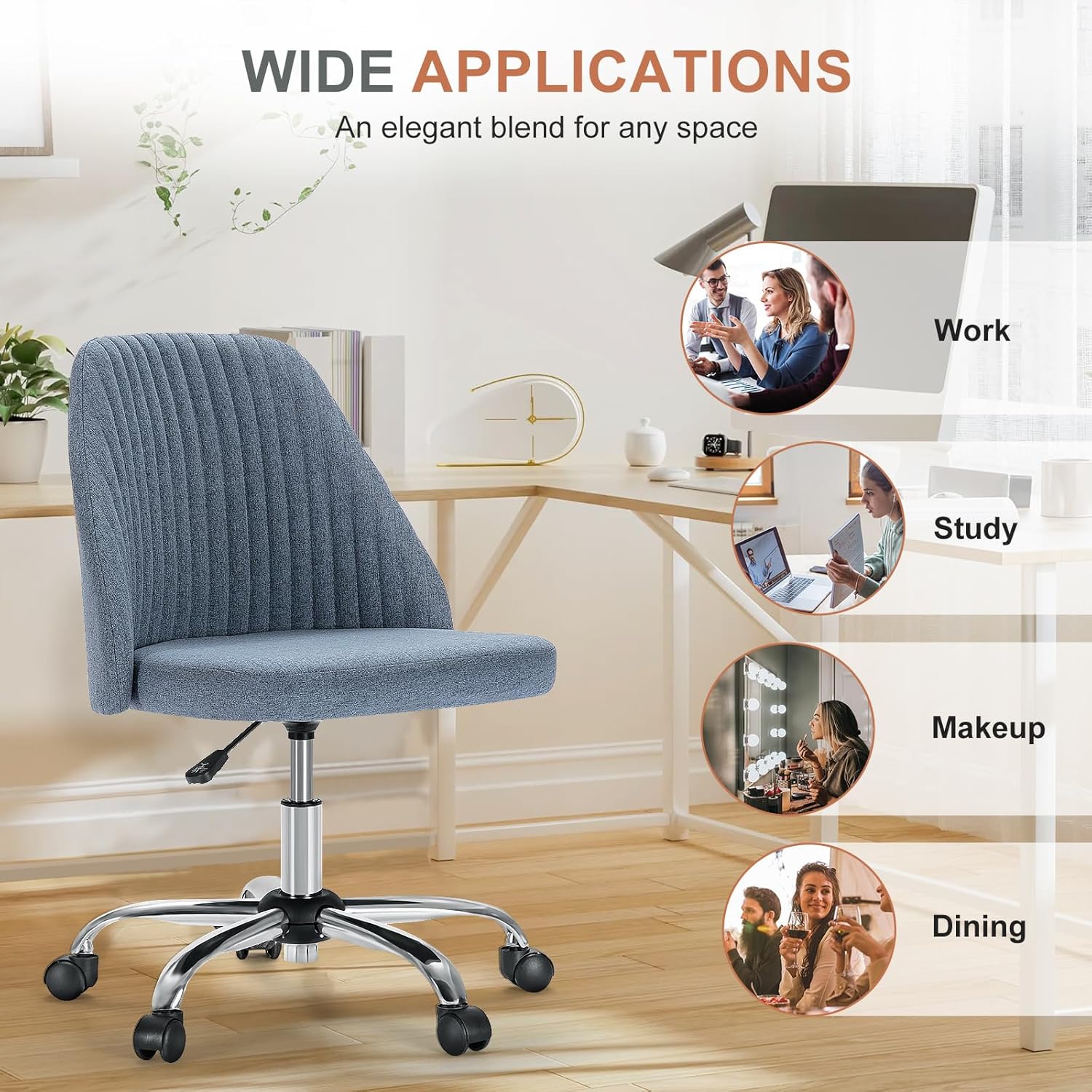 DUMOS Office Chair, Comfy Desk Chair Rolling Vanity Swivel Task Chairs with Wheels, Wide Seating Armless Height Adjustable Computer Chairs for Home,Bedroom,Student,Adults, Blue