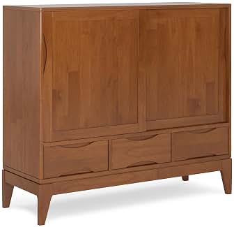 SIMPLIHOME Harper Medium Storage Cabinet - 48 inch Wide Solid Hardwood Sliding Door Cabinet in Teak Brown, Mid-Century Modern Cupboard for Living Room or Entryway with 3 Drawers and Tapered Legs