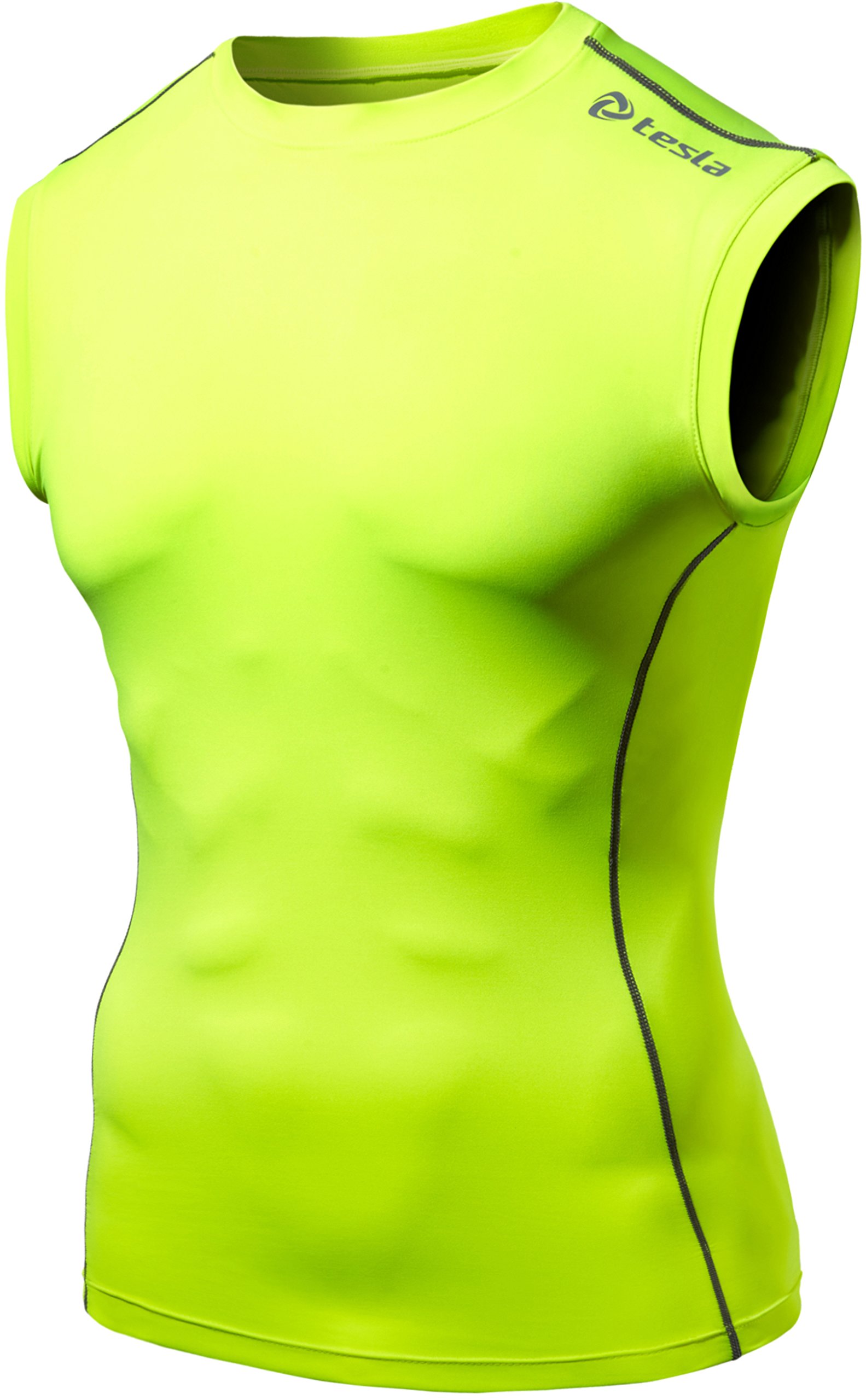 TSLA Men's Muscle Tank Sleeveless Compression Baselayer, Zero Round Neck(r15) - Neon Yellow, 2X-Large.