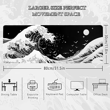 Black White Grey Mouse Pad Set XXL Anime Geometric Desk Mat Bubbles Gaming Mousepad - 31.5 x 11.8 in Large Mousepads for Desk, Drop of Water Non-Slip Rubber Base Mouse Mat-Cow Point