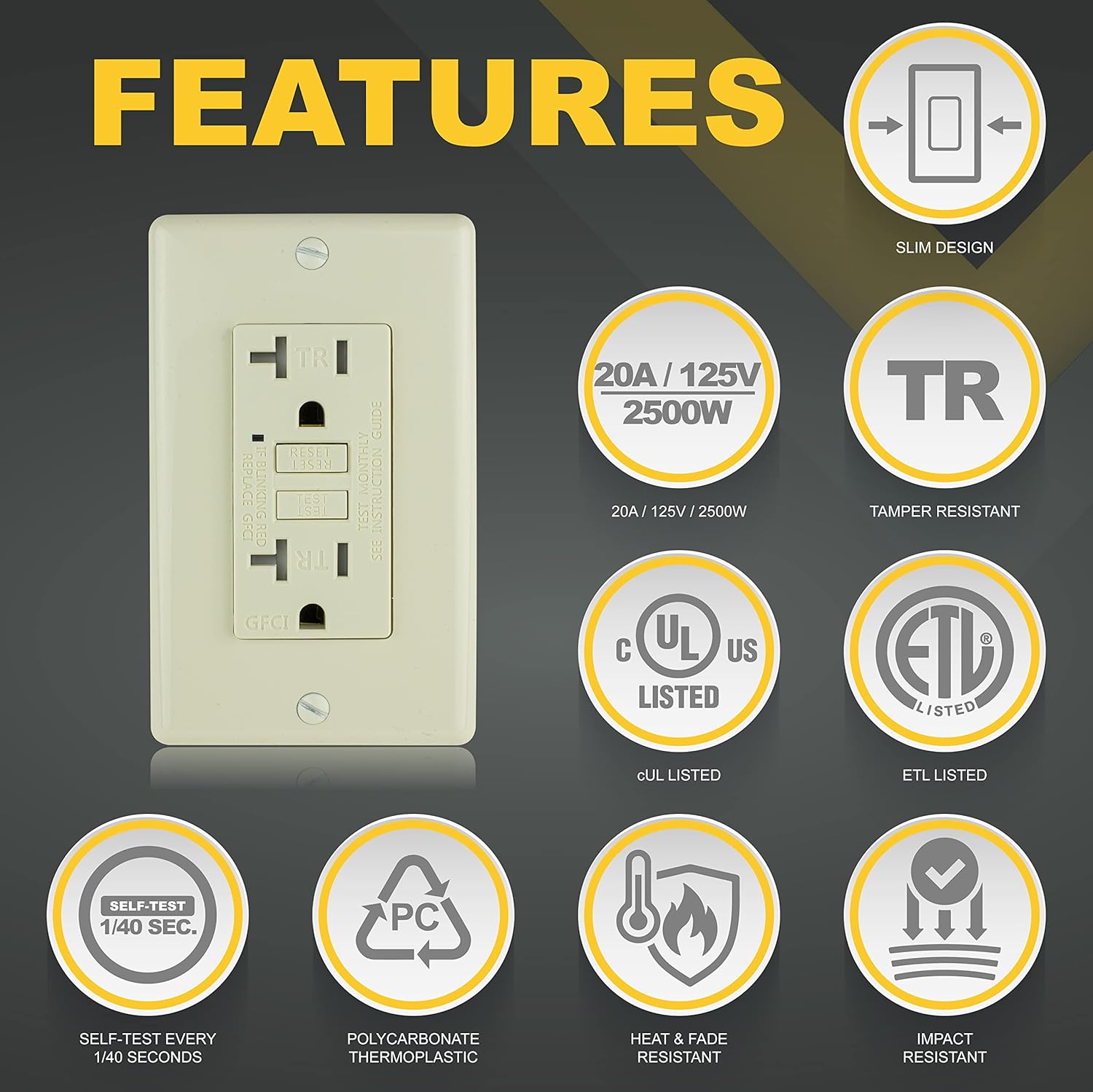 Faith 20A GFCI Outlet, Tamper-Resistant GFI Duplex Receptacles with LED Indicator, Self-Test Ground Fault Circuit Interrupter with Wall Plate, ETL Listed, Light Almond - - 