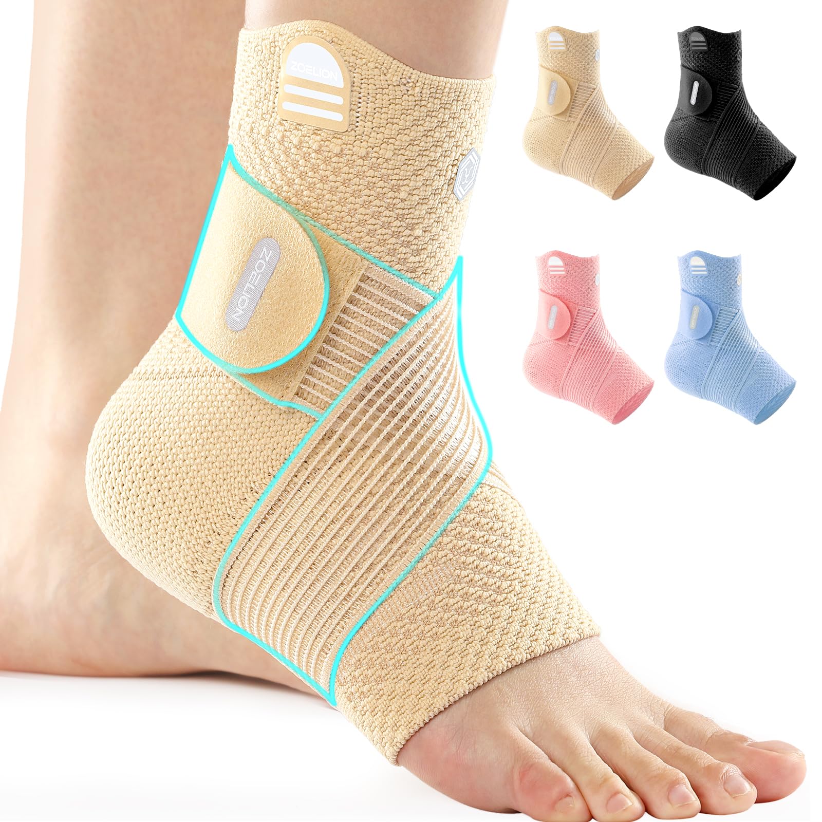 ZOELION Knöchelbandage mit Einzigartigem Netzband, 3D-Gestricktes Luftgewebe Sprunggelenkbandage für Plantarfasziitis Achillessehne, Verstellbare Fussbandage zur Schmerzlinderung Verletzungshilfe, L