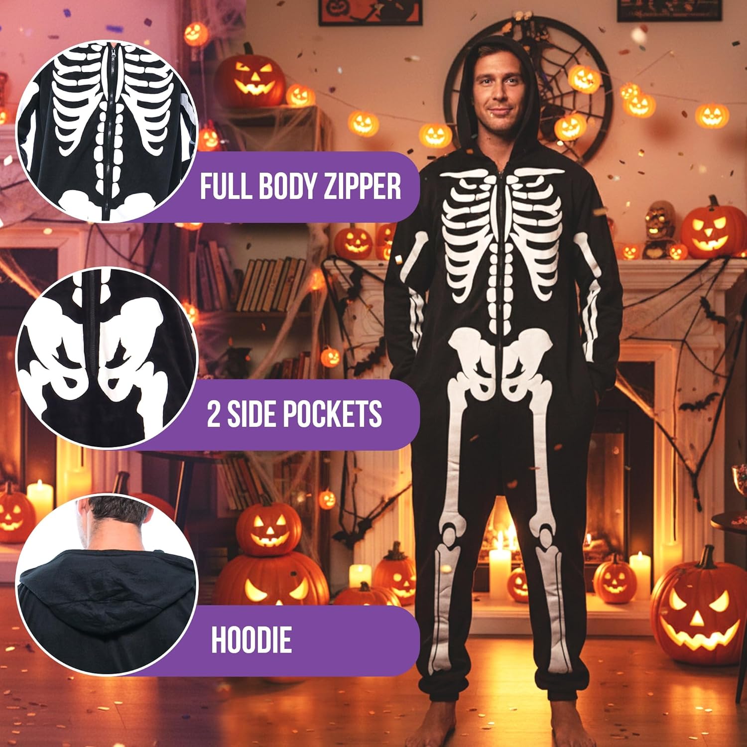 #followme Men's Onesie Adult Comfortable Fleece Hooded Front Zip w/Side Pockets Halloween Costumes for Men
