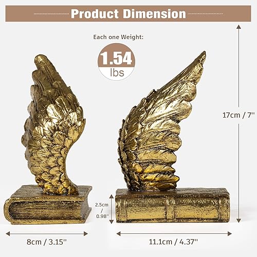 Miniatura 3 de Extremos para libros para estantes, extremos de libro para guardar libros resistentes, sujetalibros decorativos con alas de la suerte para libros