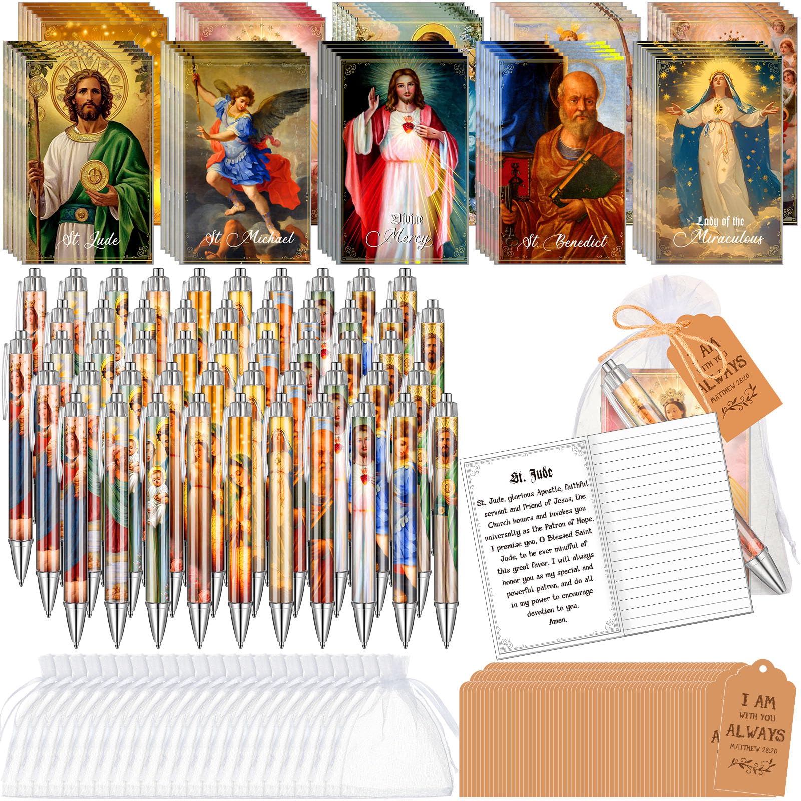 Qeeenar 200 Pcs Christian Gift Sets Church Religious Bible Verse Bulk 50 Scripture Notebooks Gift 50 Ballpoint Pens 50 Thanks Tags 50 Organza Bags for