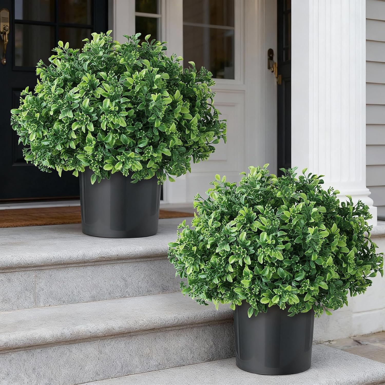 Set of 2 Artificial Boxwood Topiary Ball Trees for Front Door - Realistic Faux Aglaia Odorata Bush with Pot, Fake Eucalyptus Leaves Potted Plants for Porch Farmhouse Outdoor Decor (Green)