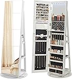 SONGMICS Schmuckschrank, Spiegelschrank, mit rahmenlosem Ganzkörperspiegel, 3 Ablagen, 360° drehbar, abschließbar, Oberfläche in Weiß, Innenfutter in Schwarz JJC007W01