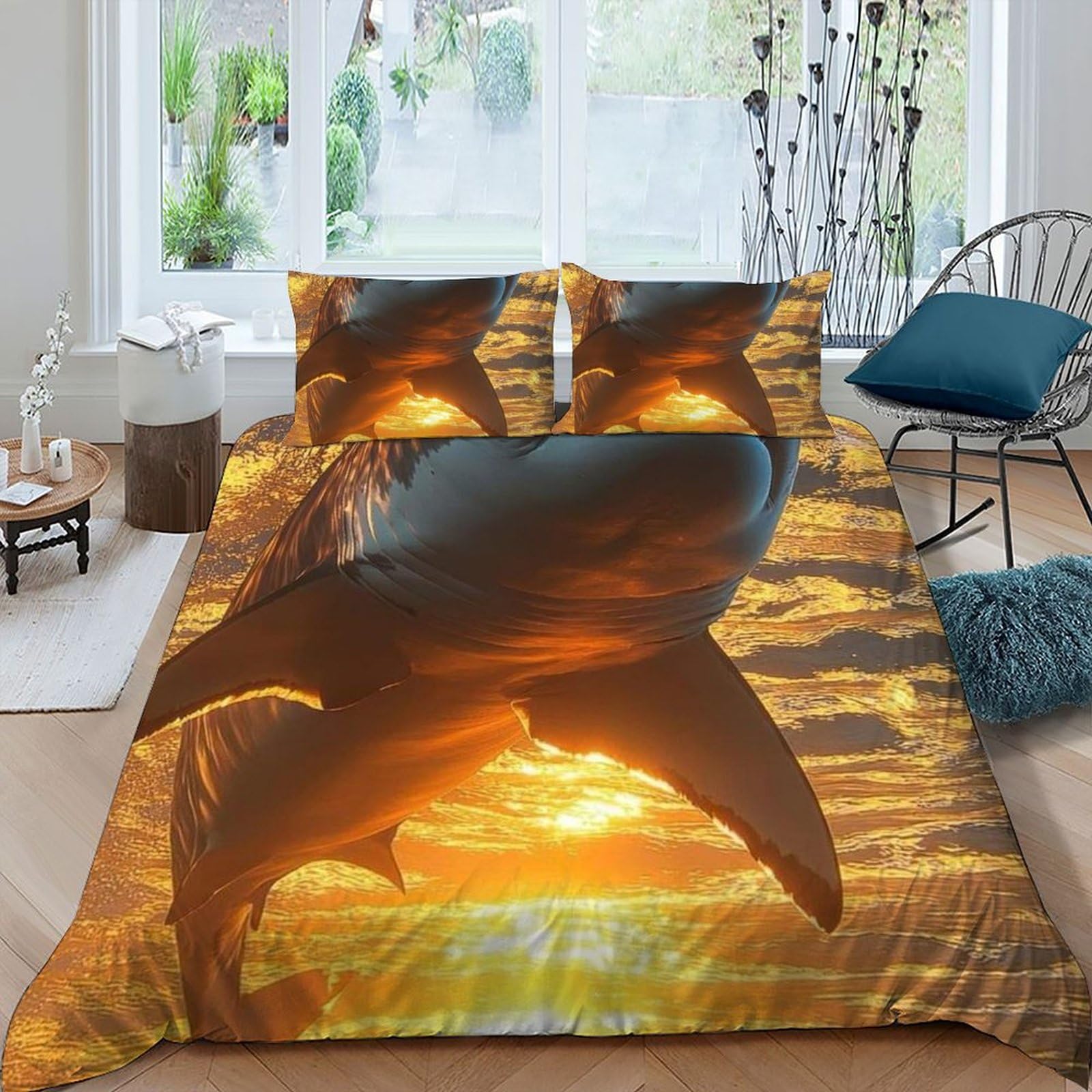 Housse de couette requin 220x240 cm avec 2 taies d'oreiller pour lit king size