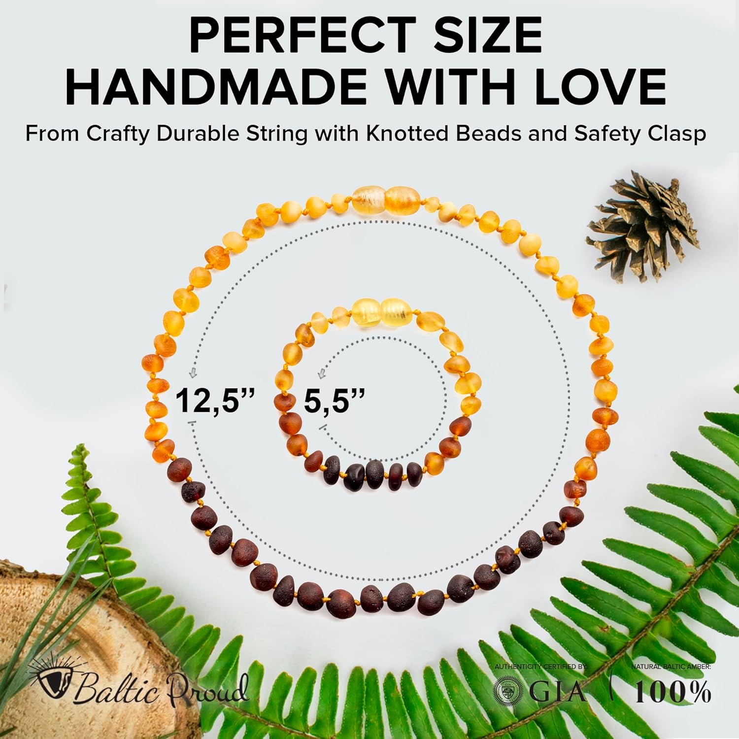 Baltic Proud Amber Necklace and Bracelet Gift Set (Unisex Rainbow Raw 12.5 Inches/5.5 Inches) - Certified Premium Quality Raw Baltic Sea Amber - Image 2