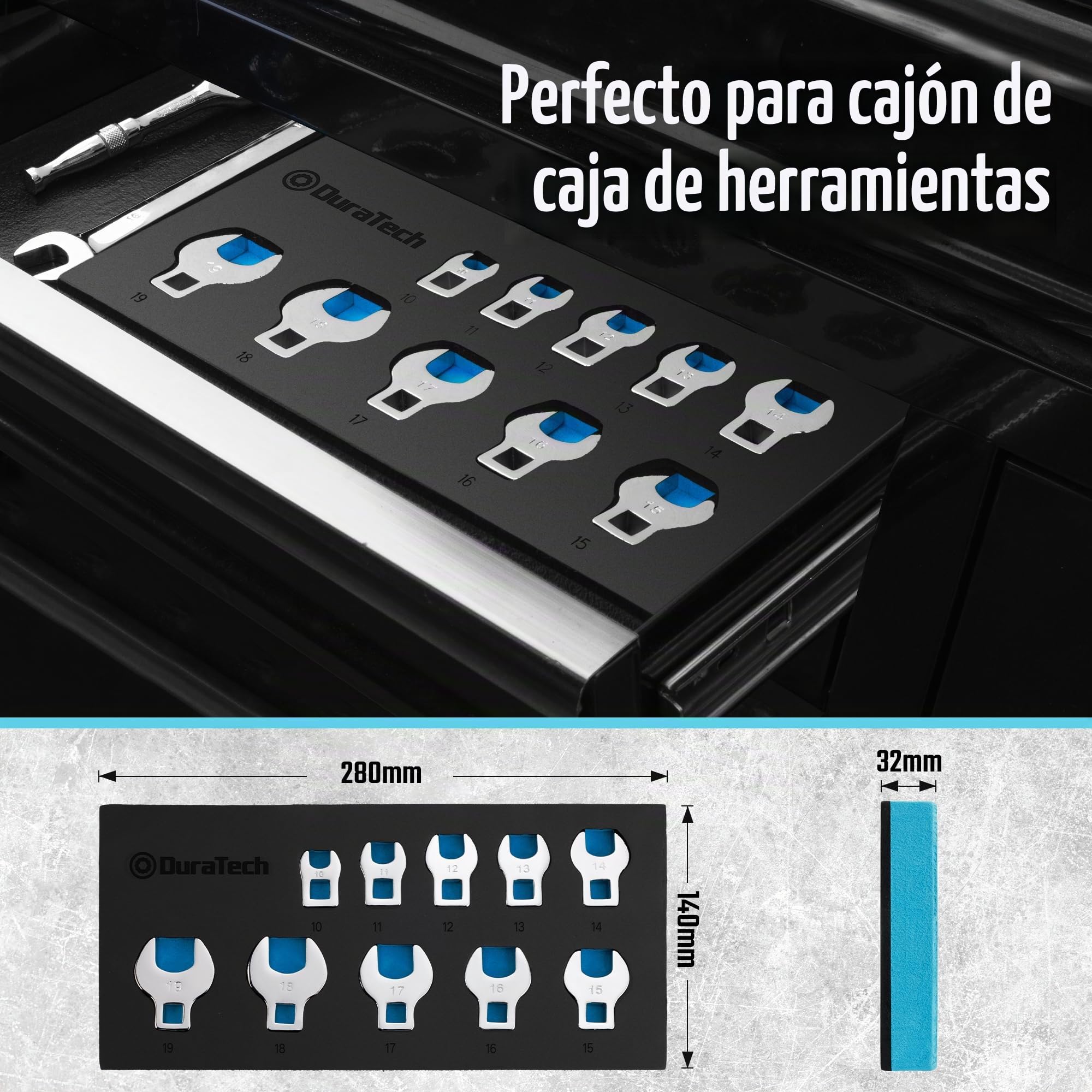 DURATECH Juego de Llaves Crowfoot de 3/8", Juego de 10 Llaves de Pata de Gallo 10-19 mm, Acero Cr-V, con Organizador de Espuma EVA | Para trinquete y llave dinamométrica, organizador EVA