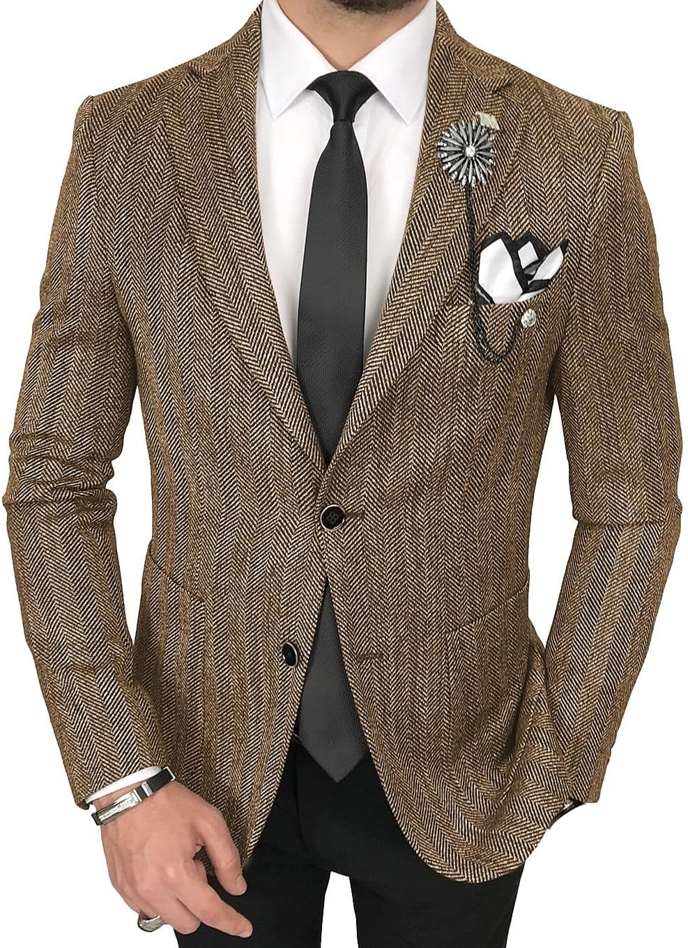 Wangyue Mens Tweed Blazer Vintage Casual Herringbone Tweed Jackets Two Button British Wool Blend Sport Coat Jacket
