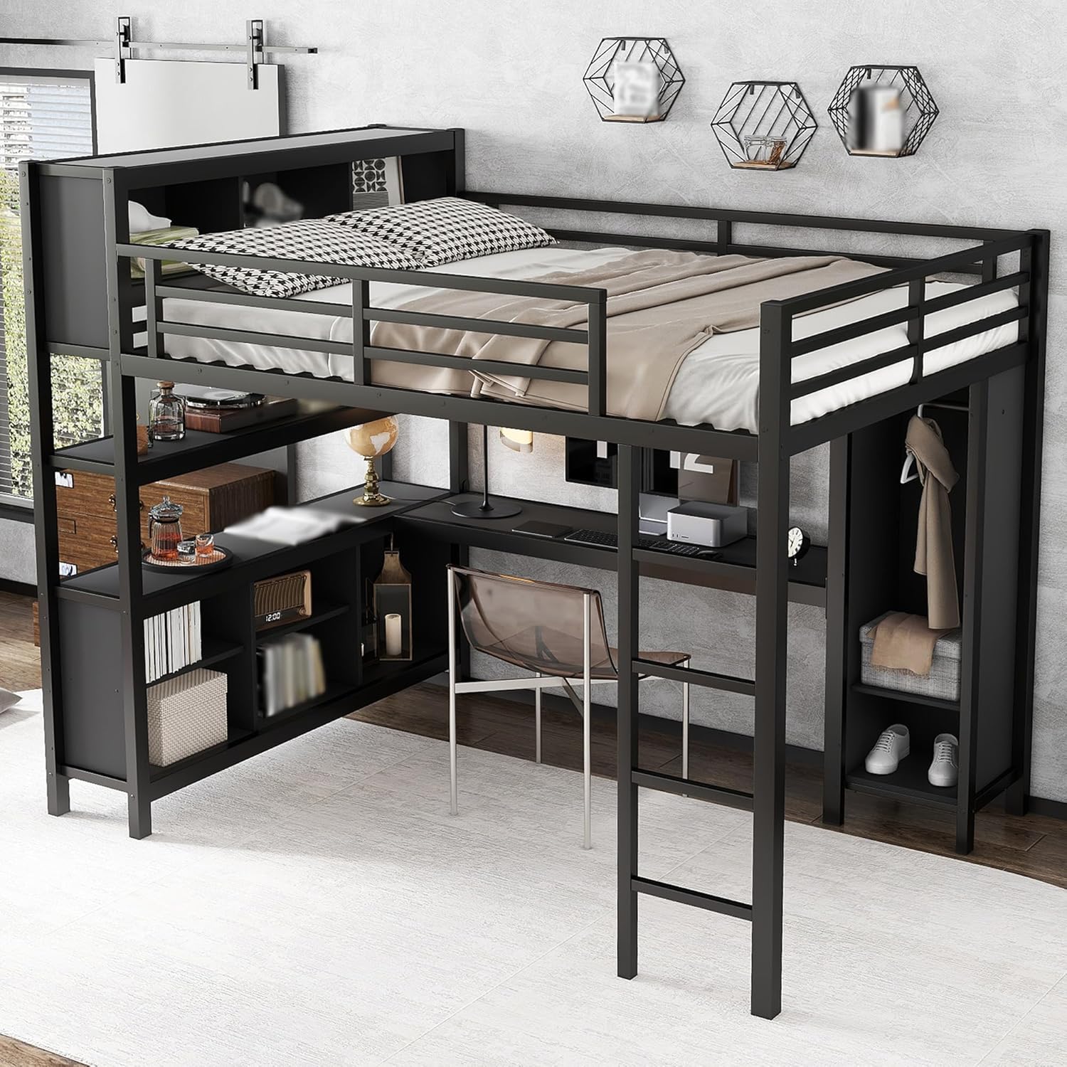 Queen Size Loft Bed, Stylish Metal Loft Bed with L-Shaped Desk, Wardrobe, Storage Cubes and Shelves, Heavy Duty Bed Frame with Guardrails and Ladder for Bedroom, Dorm, Guest Room, Space Saving, Black