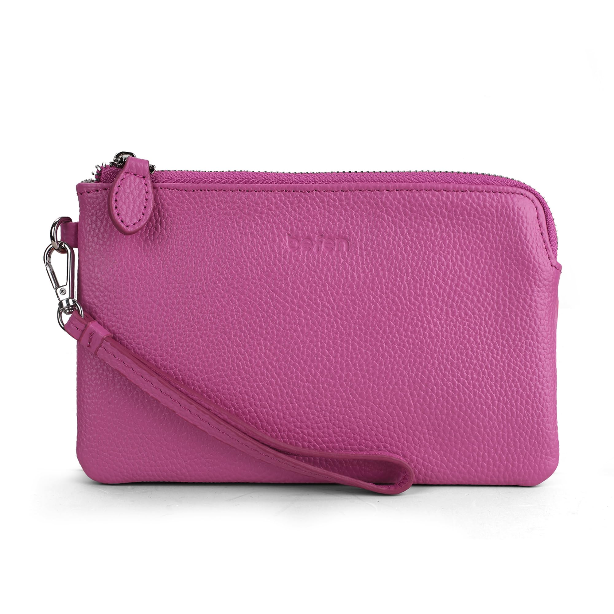 befen Women's Genuine Italian Leather Wristlet Clutch Wallet Purse, Gold Zipper (Fuchsia)