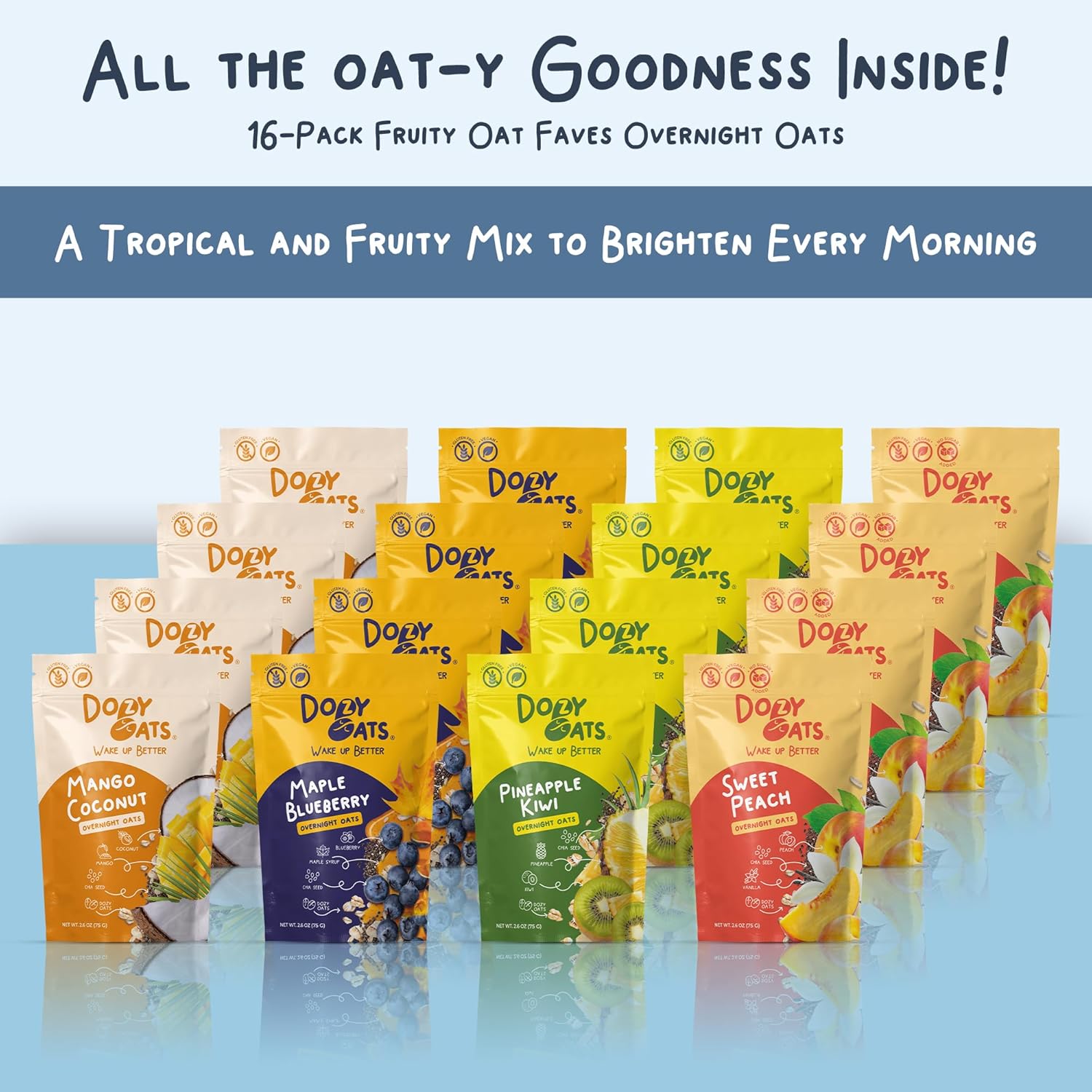 Dozy Oats Overnight Oatmeal Packets, Fruity Faves Variety Box with Rolled Oats, Chia Seeds, Date Powder, and Dried Fruit. Gluten-Free, Natural Source of Protein and Fiber, 16-Pack
