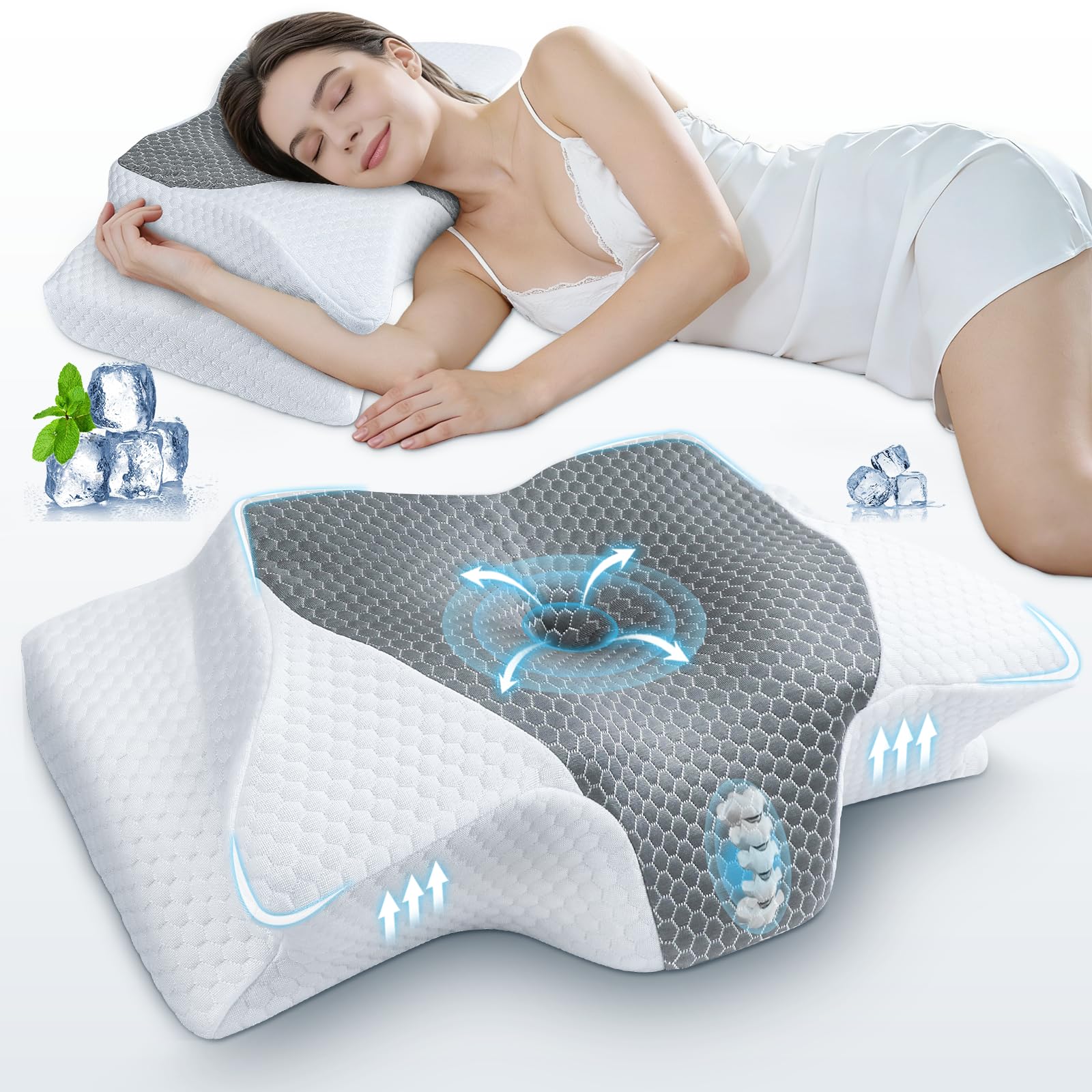 SAHEYER Almohada Cervical 2en1 Espuma Viscoelástica, Gris, 60x35,5x13/11cm | Almohada Ergonómica Mariposa para Dormir de Lado, Boca Arriba y Boca Abajo, Soporte de Cabeza/Cuello/Hombro