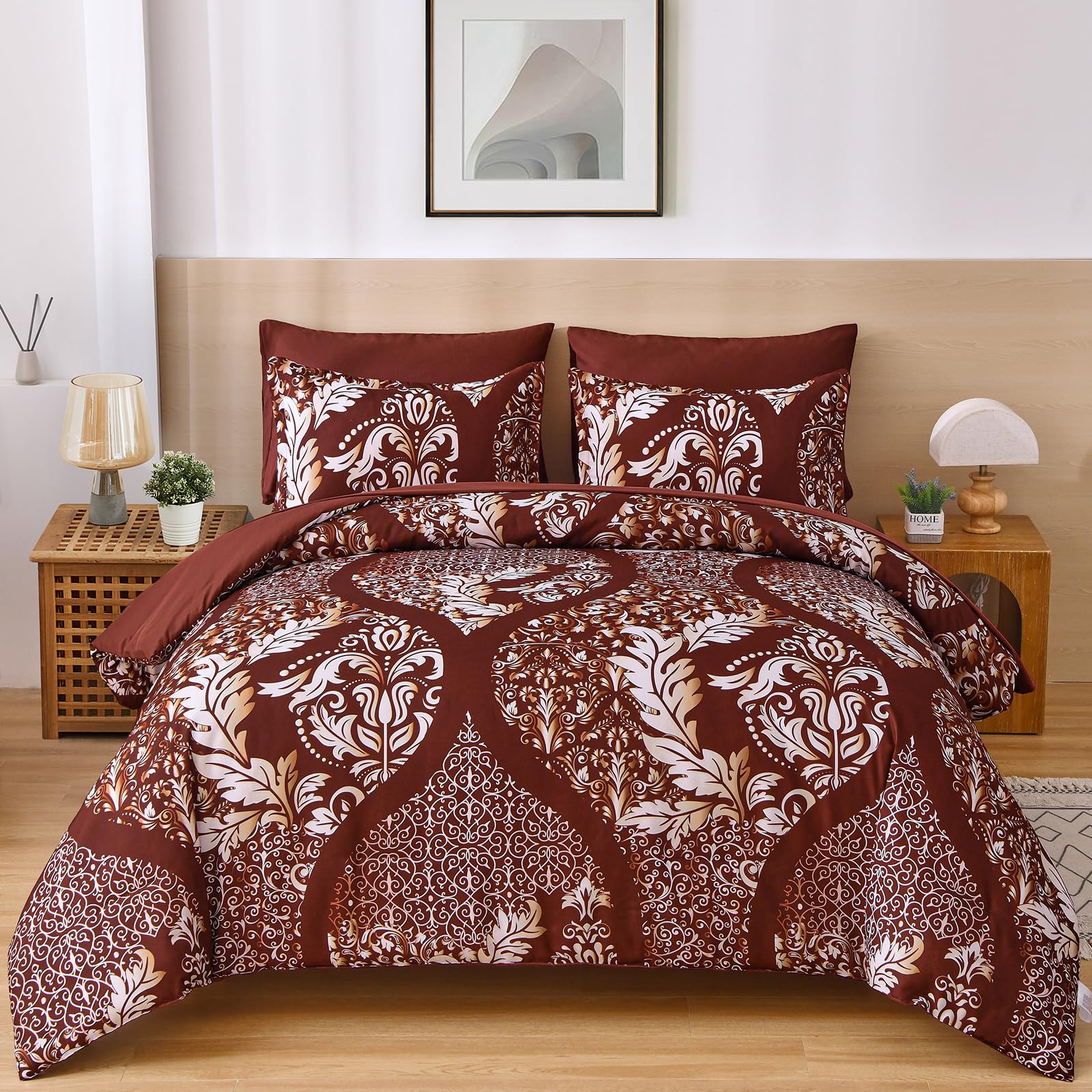 Anibedding 7-teiliges Bettwäsche-Set Queen Size In Schwarz – Damast-Mikrofaser, Inkl. Bettdecke, Spannbetttuch & Kissenbezüge