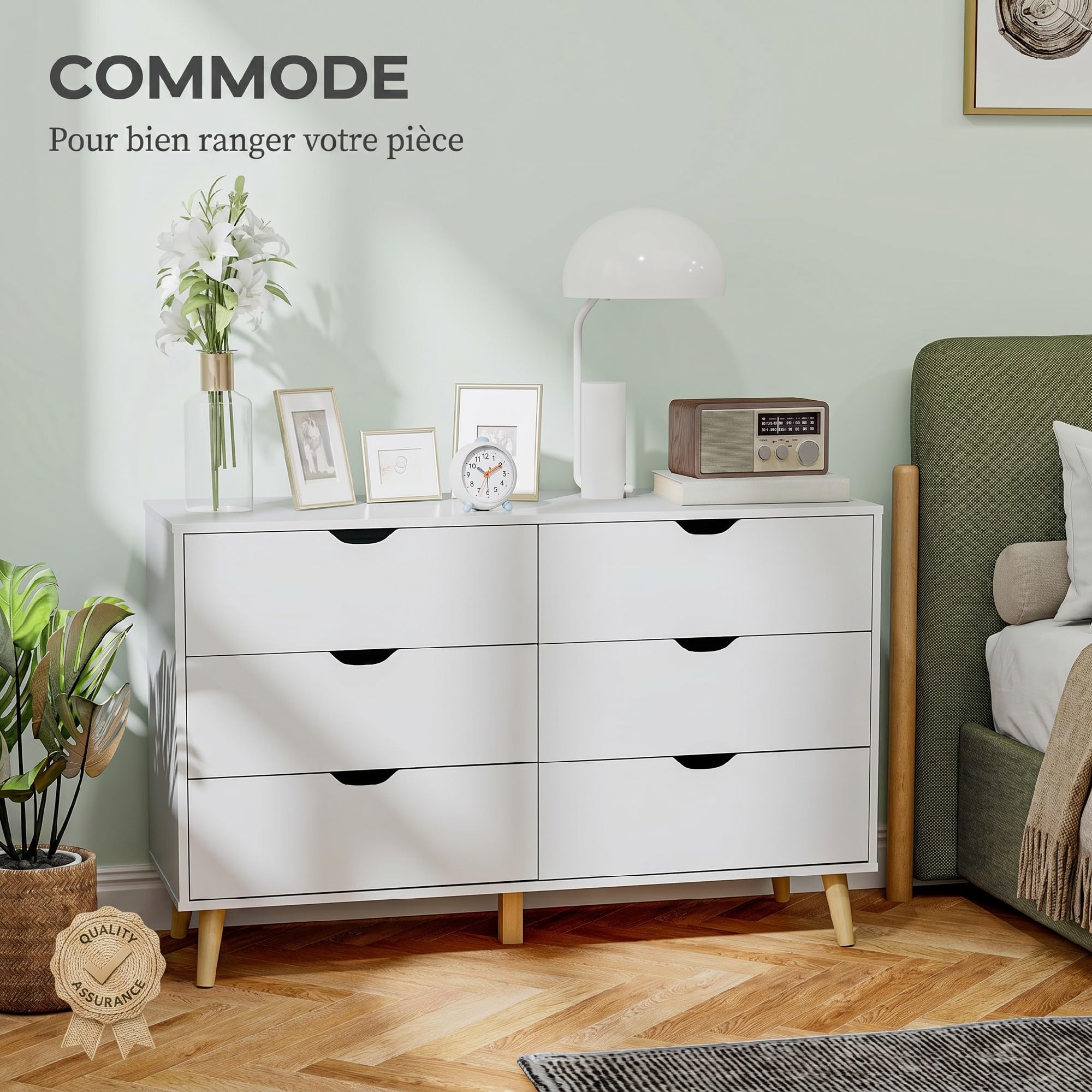 HOMCOM Komoda z 6 szufladami, szafka do przechowywania w stylu skandynawskim z drewnianymi nogami, do sypialni, salonu, 120 x 40 x 76 cm, biała