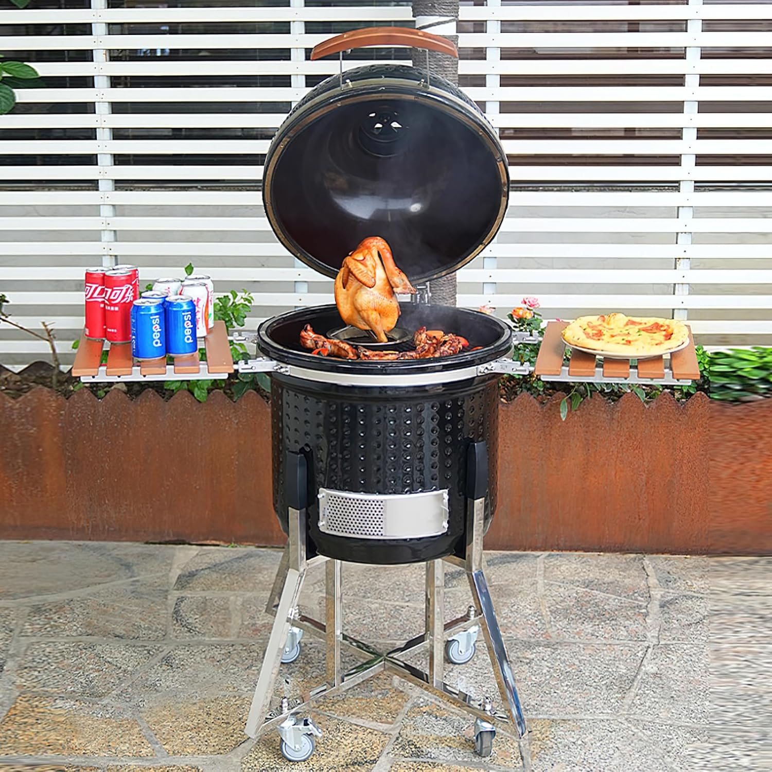 22-Inch Ceramic Kamado Grill, Black, Double-Layer Insulated BBQ Smoker with Pizza Function, Steel Frame, Wooden Side Tables, 52.76x29.13x47.64 Inches