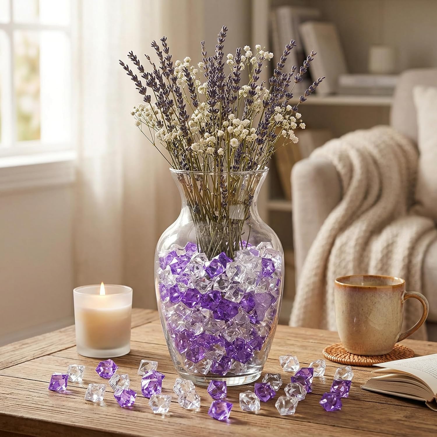 DomeStar Acrylic Fake Ice & Purple Gems - 1000PCS Clear & 150PCS Purple Acrylic Crystals for Vase Fillers, Wedding Party Table Decor & DIY Craft Projects