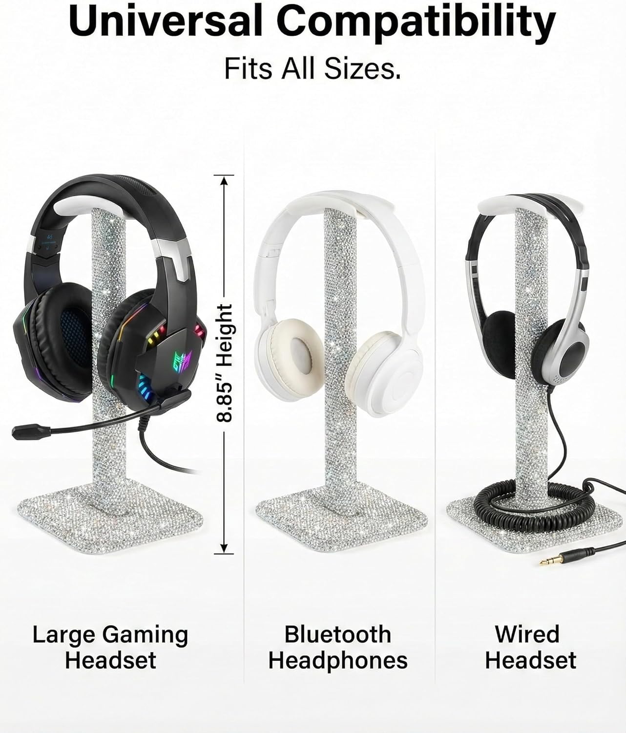 Silver Rhinestone Headphone Stand – Bling Crystal Headset Holder for Y2K Gaming Desk Setup – Sturdy Weighted Metal Base with Soft TPU Rest – Sparkly Luxury Gift for Women & Teen Girls (Silver)