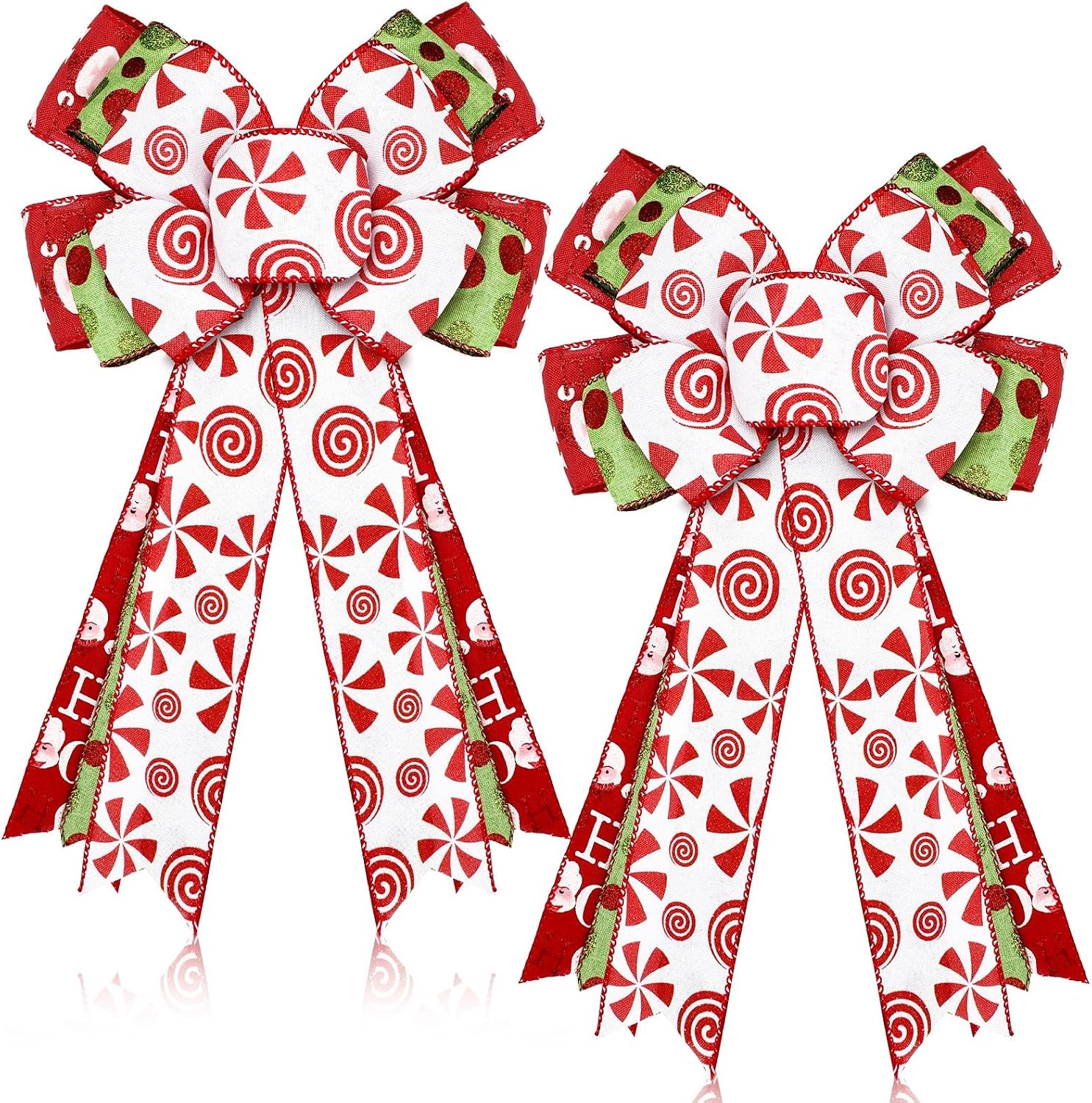 Hotop 2 Pcs Christmas Wreath Bows 18 x 10 Inch, Peppermint Sweet Pattern Burlap Wired Bows, Red and Green Christmas Tree Topper Decor for Front Door Wall Indoor Outdoor Xmas Party Decoration