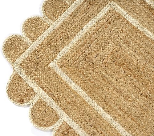 Miniatura 3 de GRUHUM Alfombra de yute festoneado de 2 pies 6 pulgadas x 6 pies, base natural, ribete blanco roto, tejida a mano, reversible, suave, trenzada, de