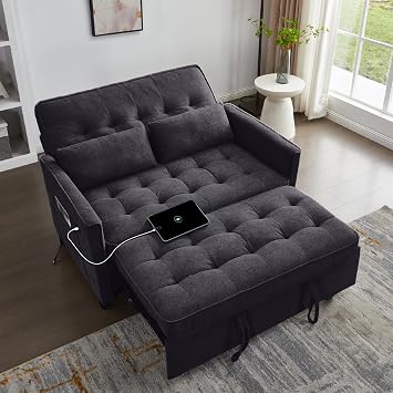 Convertible Sofa Bed, 3 in 1 Pull Out Couch, Loveseat Sleeper with Side Pocket, Sleeper Sofa with Adjustable Backrest | USB Charging Port | Two Pillows | Fabric | Charcoal Black