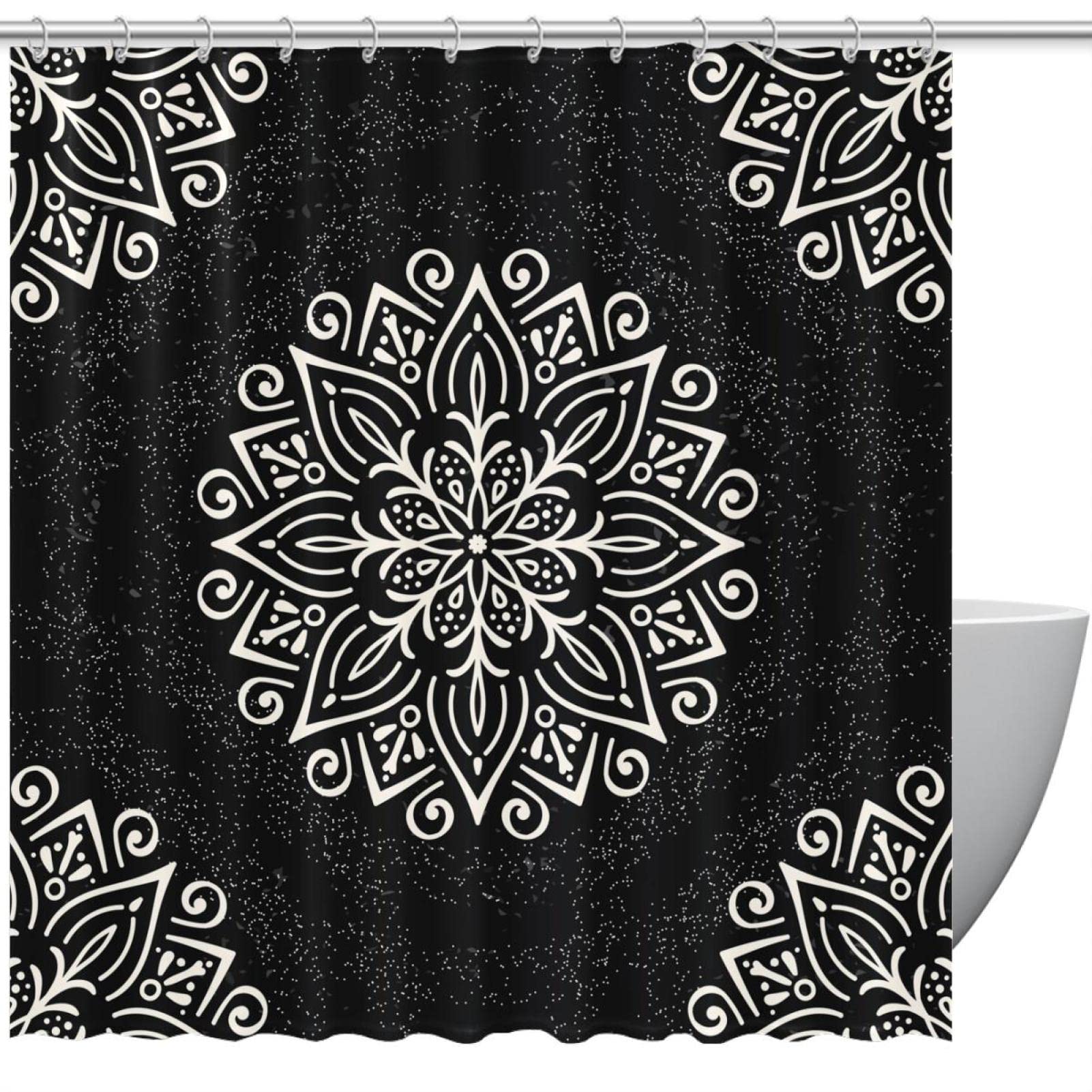Rideau de douche anti-projections motif floral noir et blanc 168x183